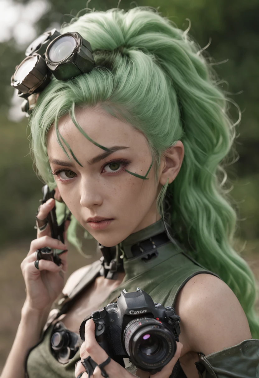 REALISTIC ANIME STYLE, JAPANESE ANIME, REAL ANIME, RAGE UNLEASHED, ANGRY, african american old man, white long beard cyborg soldier CAMERA LENSE HELM, ZOOM LENS GUN, GREEN HAMMER, GREEN CURLY SHORT HAIR, REFLECTIVE LENS EYES, heavy mecha armor, cybernetic, cyberpunk SPY, on planet venus, wasteland, apocalypse, barren venus planet, cinematic, volume lighting, PURPLE SMOKE EXPLOSION