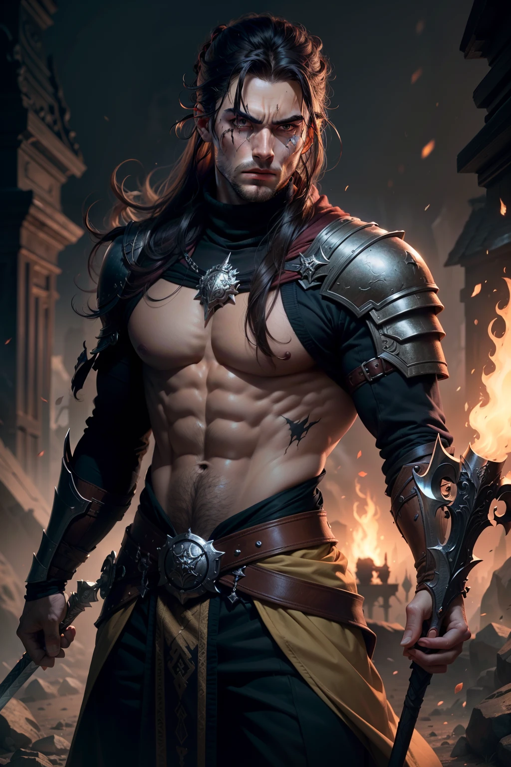Male, tall, structured face, long brown hair tied up in a half bun, dark eyebags, scar on left eyebrow, strong eyebrows, looks moody, broad shoulders, wielding a spectral sword, mage, dark turtleneck robe, fantasy, masterpiece, 4k, bloom, anatomically correct, highly detailed