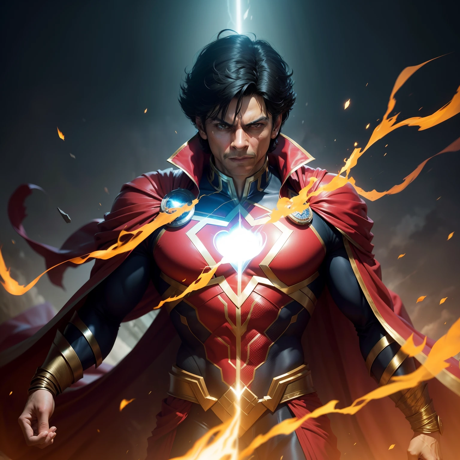 "Shahrukh Khan portraying the iconic role of Shaktimaan with his charismatic presence and powerful aura. Captivate the audience with his superheroic persona, dynamic poses, and intense expressions. Emphasize his distinctive costume, with bold colors and intricate details. Create a visually stunning composition with atmospheric lighting, cinematic angles, and mesmerizing special effects. Showcase the superhero's abilities, such as flying, energy manipulation, and super strength. Invoke a sense of excitement, adventure, and heroism in this magnificent portrayal."