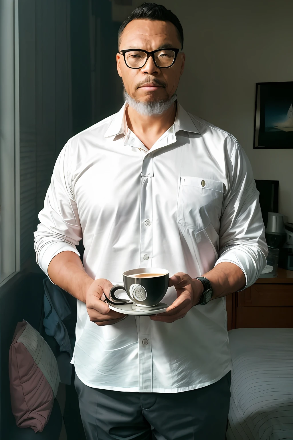 nerdphoton1, a man with glasses in a long-sleeved white shirt and tie、drinking a cup of coffee、Soft lighting、​masterpiece、top-quality、8k UHD、Digital SLR、film grains、Photorealistic pictorial art of Fujifilm XT3 by Midjourney and Greg Rutkowski