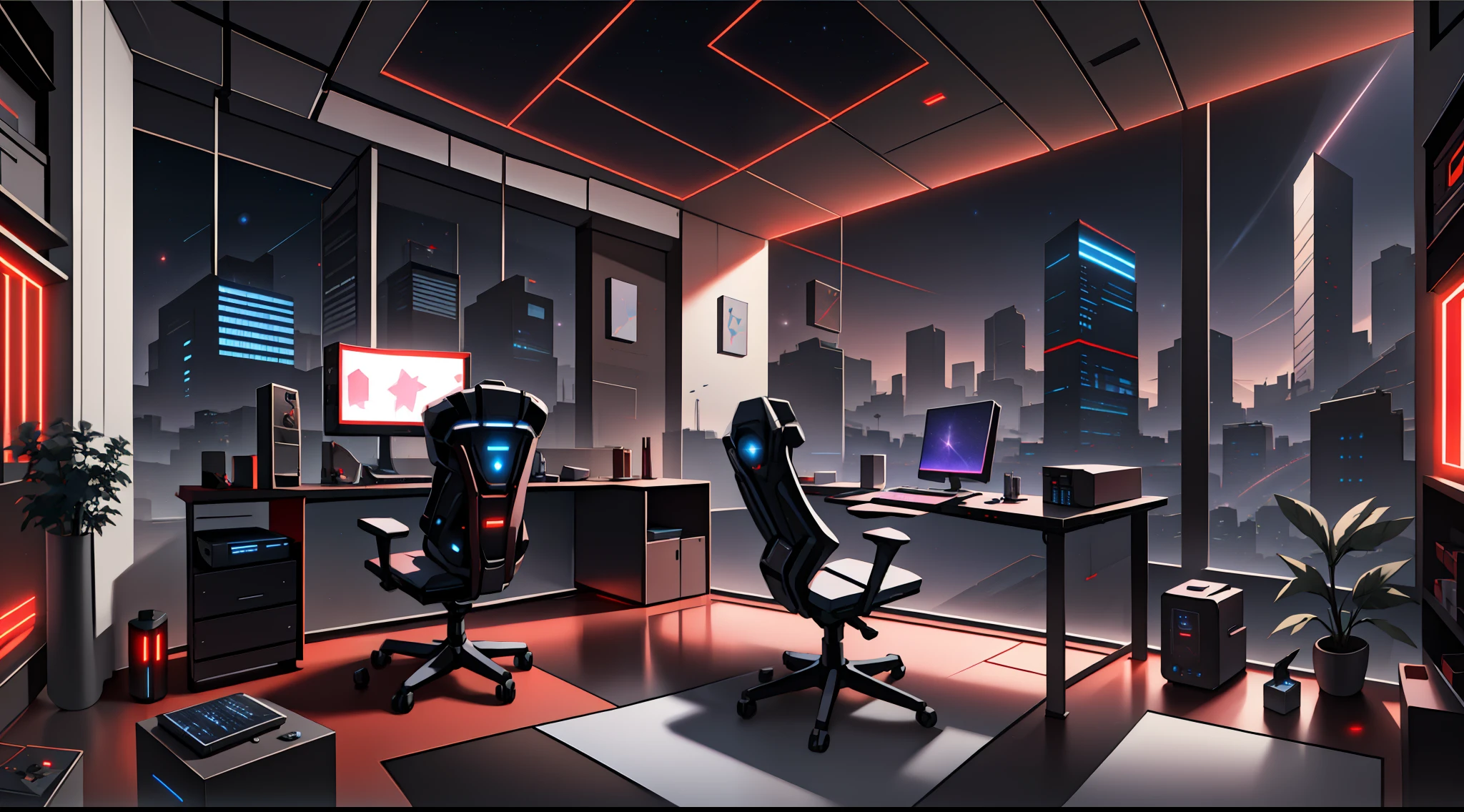 Warm light source Cyberpunk Calm night Tech bedroom Computer desk Microphone light Computer water dispenser Small fluorescent Starry sky Smooth floor Red fox Deconstructivism Fragmentation Gorgeous sculptures Floor-to-ceiling windows Light bed Camera chair Game interface Crimson Dark environment Ambilight