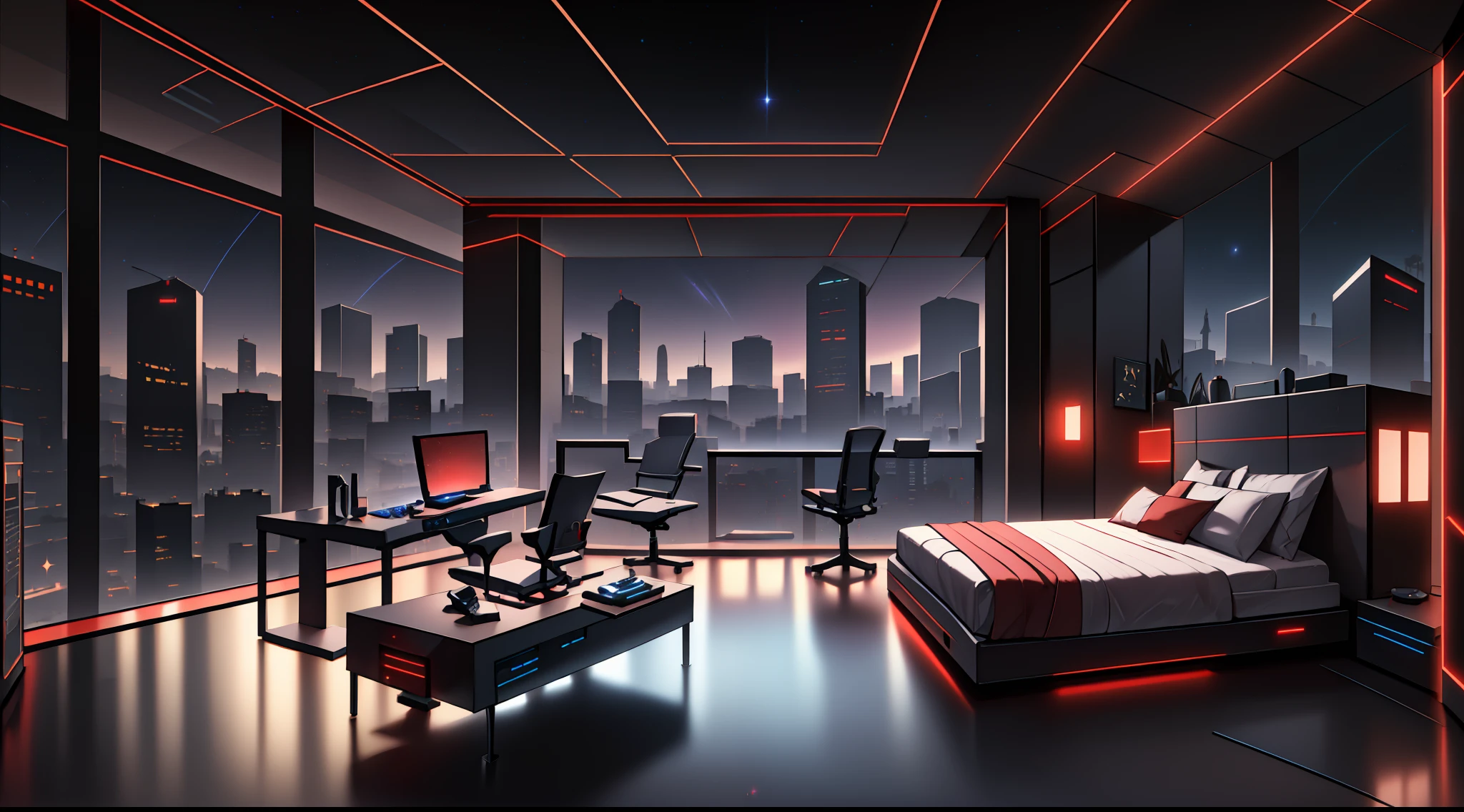 Warm light source Cyberpunk Calm night Tech bedroom Computer desk Microphone light Computer water dispenser Small fluorescent Starry sky Smooth floor Red fox Deconstructivism Fragmentation Gorgeous sculptures Floor-to-ceiling windows Light bed Camera chair Game interface Crimson Dark environment Ambilight