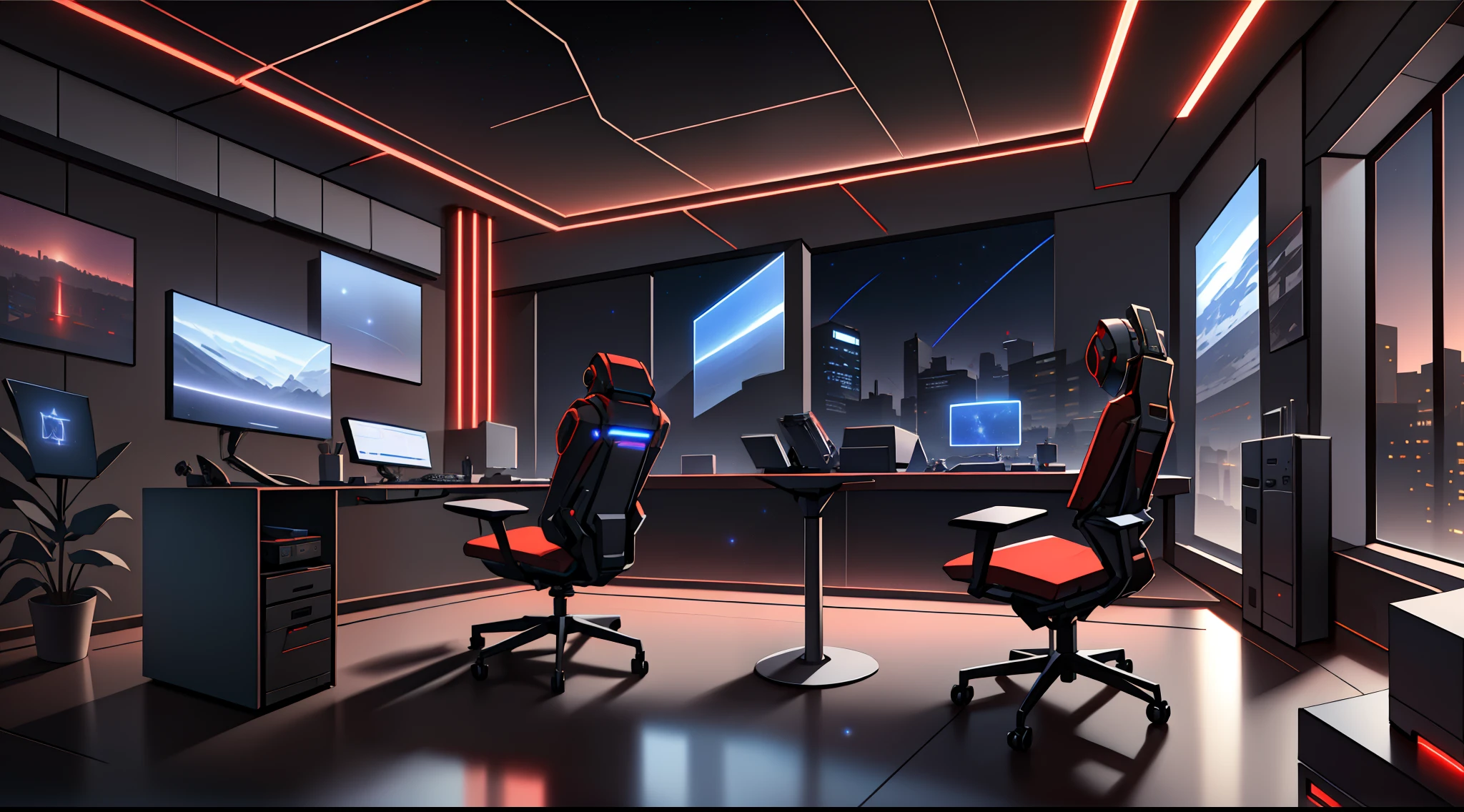 Warm light source Cyberpunk Calm night Tech bedroom Computer desk Microphone light Computer water dispenser Small fluorescent Starry sky Smooth floor Red fox Deconstructivism Fragmentation Gorgeous sculptures Floor-to-ceiling windows Light bed Camera chair Game interface Crimson Dark environment Ambilight