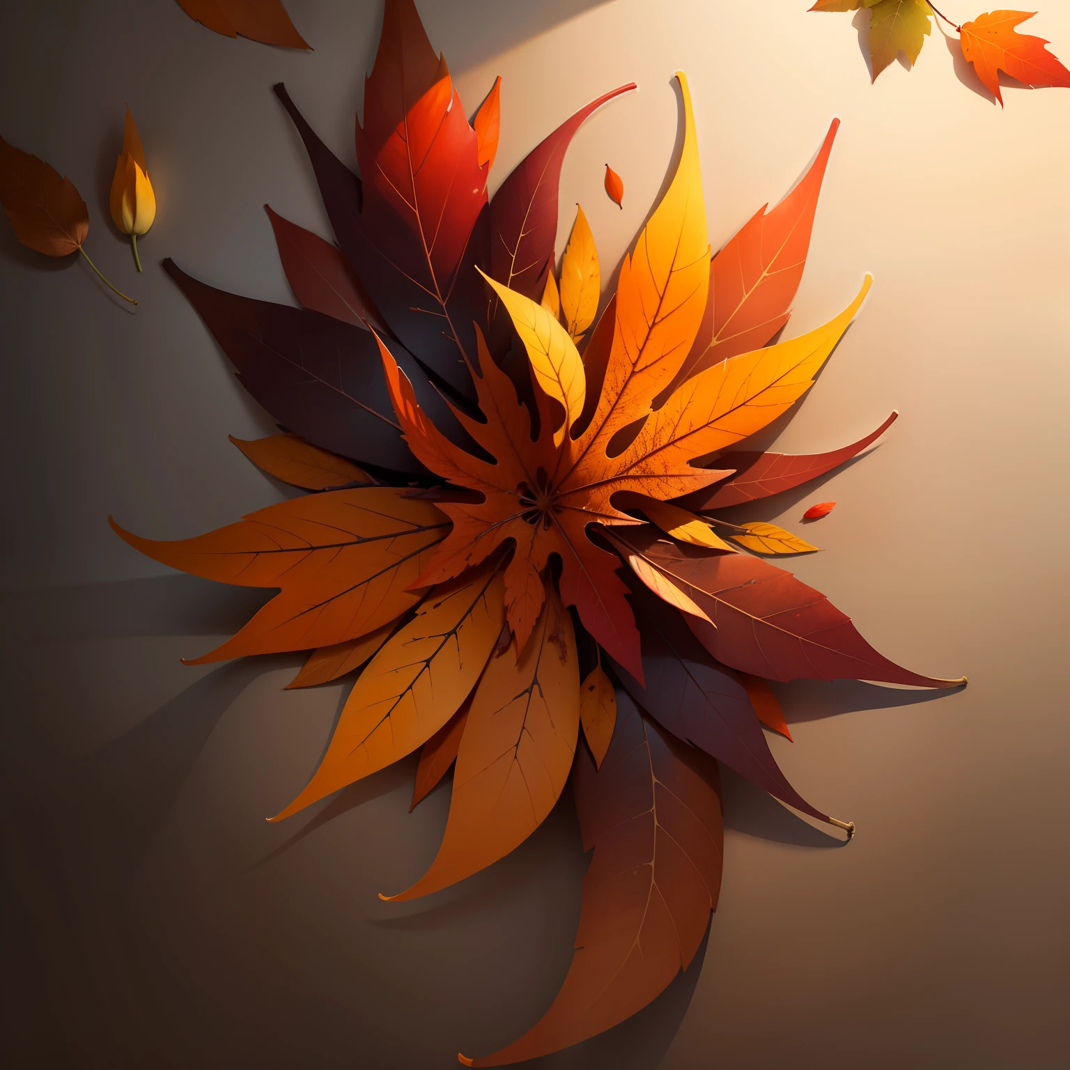The brownish-orange-yellow-red gradient petals are made from the remnants of fallen leaves on Twilight Peak,The whole body is brownish-orange-yellow-red,Orange-yellow is the dominant color,Orange is the dominant color,Brown and red are the rendering colors,gradient colors,The body can be arbitrarily broken down into flowers and leaves to defuse attacks,Flowers and leaves are very sensitive、sharpest,Almost immortal,It is a life form composed of flowers and leaves,Similar to a chubby puppet figure