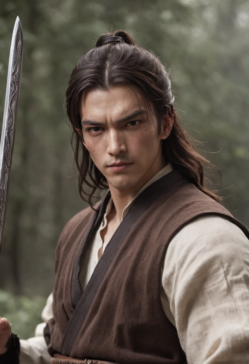Male, tall, structured face, long brown hair tied up in a half bun, dark eyebags, scar on left eyebrow, strong eyebrows, looks moody, broad shoulders, wielding a spectral sword, mage, dark turtleneck robe, fantasy, masterpiece, 4k, bloom, anatomically correct, highly detailed