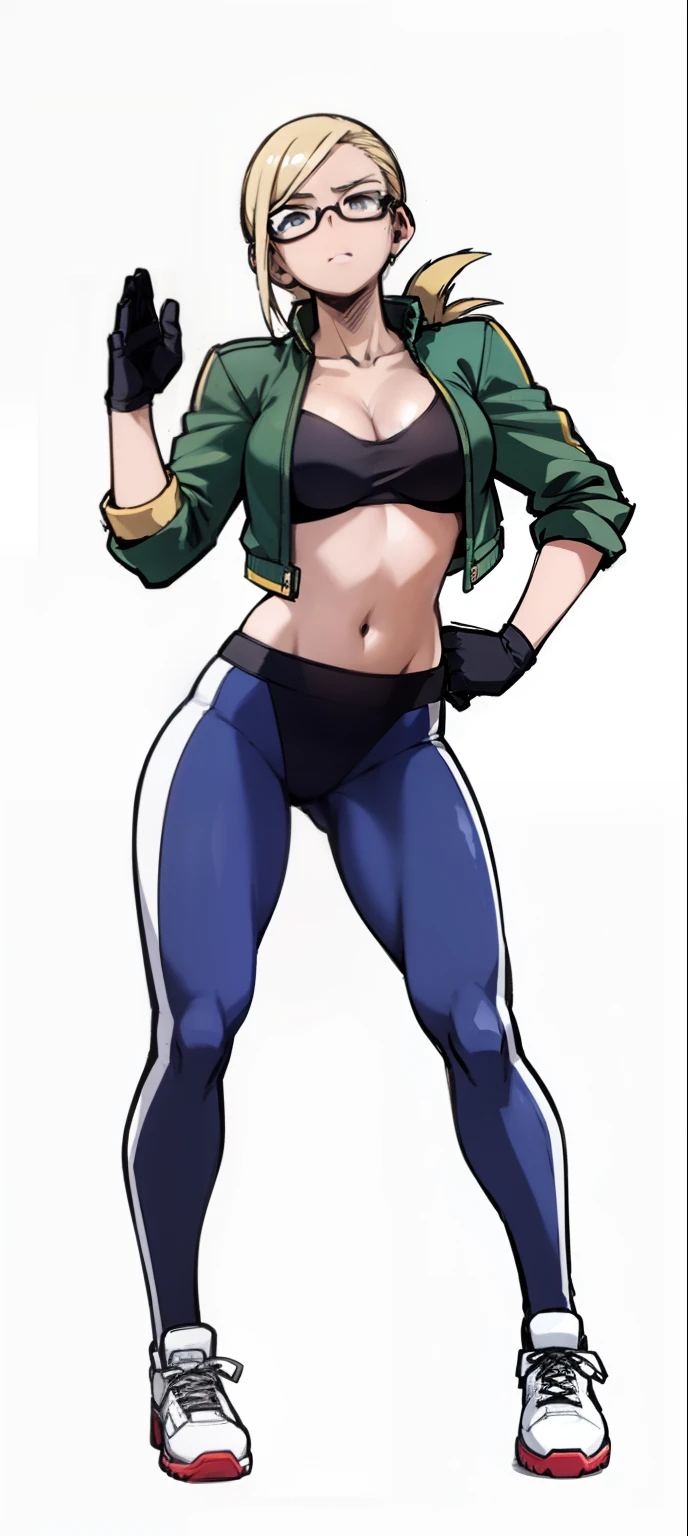 My Hero Academia style, anime Girl, female, trending on artstation pixiv, (full body shot 0.5), wide hips, wide thighs, medium breast, Black glasses on eyes, hidden gaze, black glasses, glasses on eyes, blonde hair, low ponytail, full body suit, hero suit, blue suit with exposed belly, suit with exposed navel, long-sleeved dark green jacket, dark green jacket, long-sleeved jacket, jacket, Perfect hands, Perfect anatomy, Super Detailed,