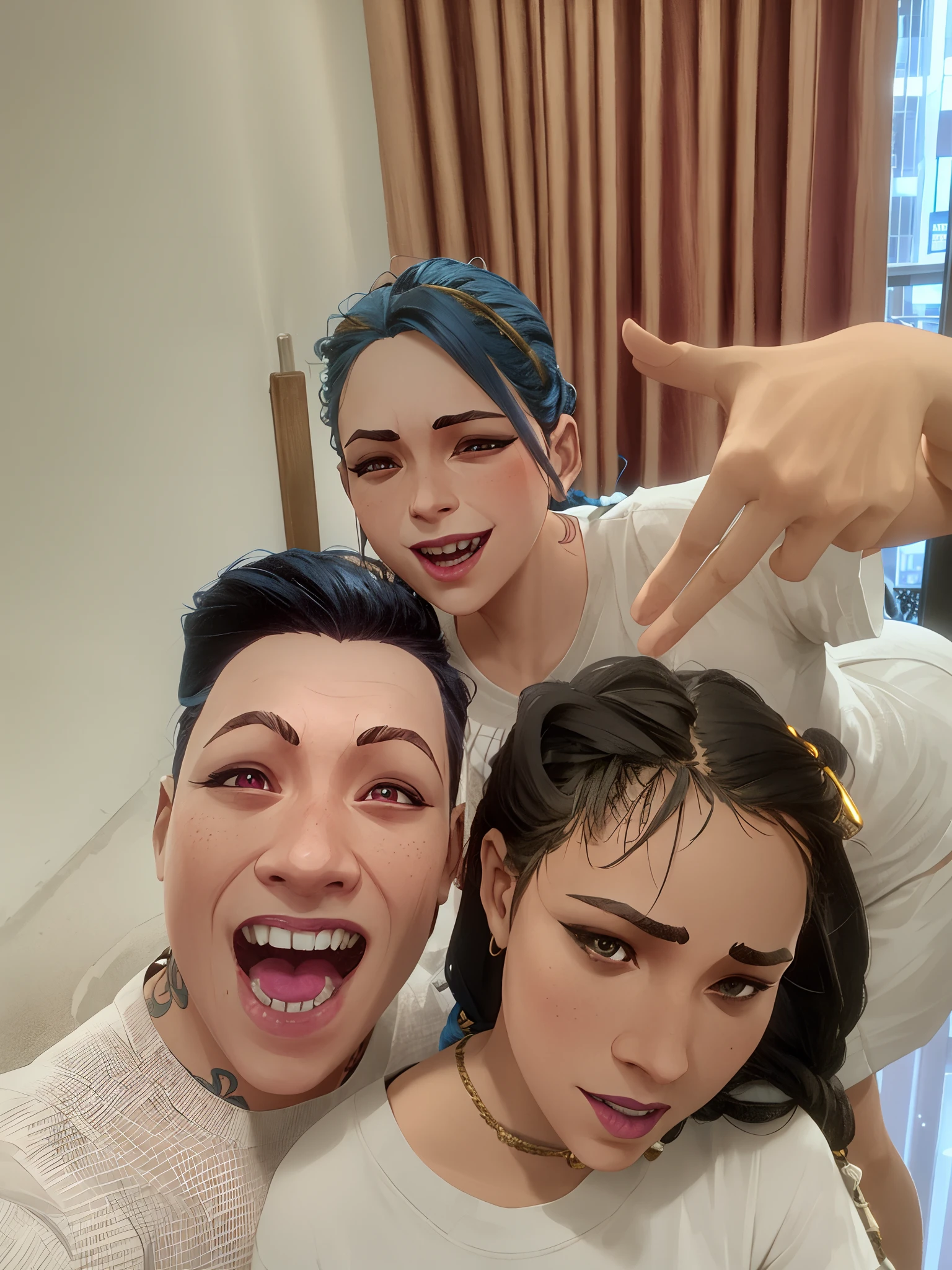 arcane style,
1girl, arm tattoo, asymmetrical bangs, bangs, blue hair, braid, brown shirt, cloud tattoo, looking at viewer, laughing, crazy, uncontrollable laugh, mad look, night, city, green hair, long hair, midriff, pink eyes, red lips, shirt, solo, standing, tattoo, twin braids, upper body, arcane jinx, jinx \(league of legends\)