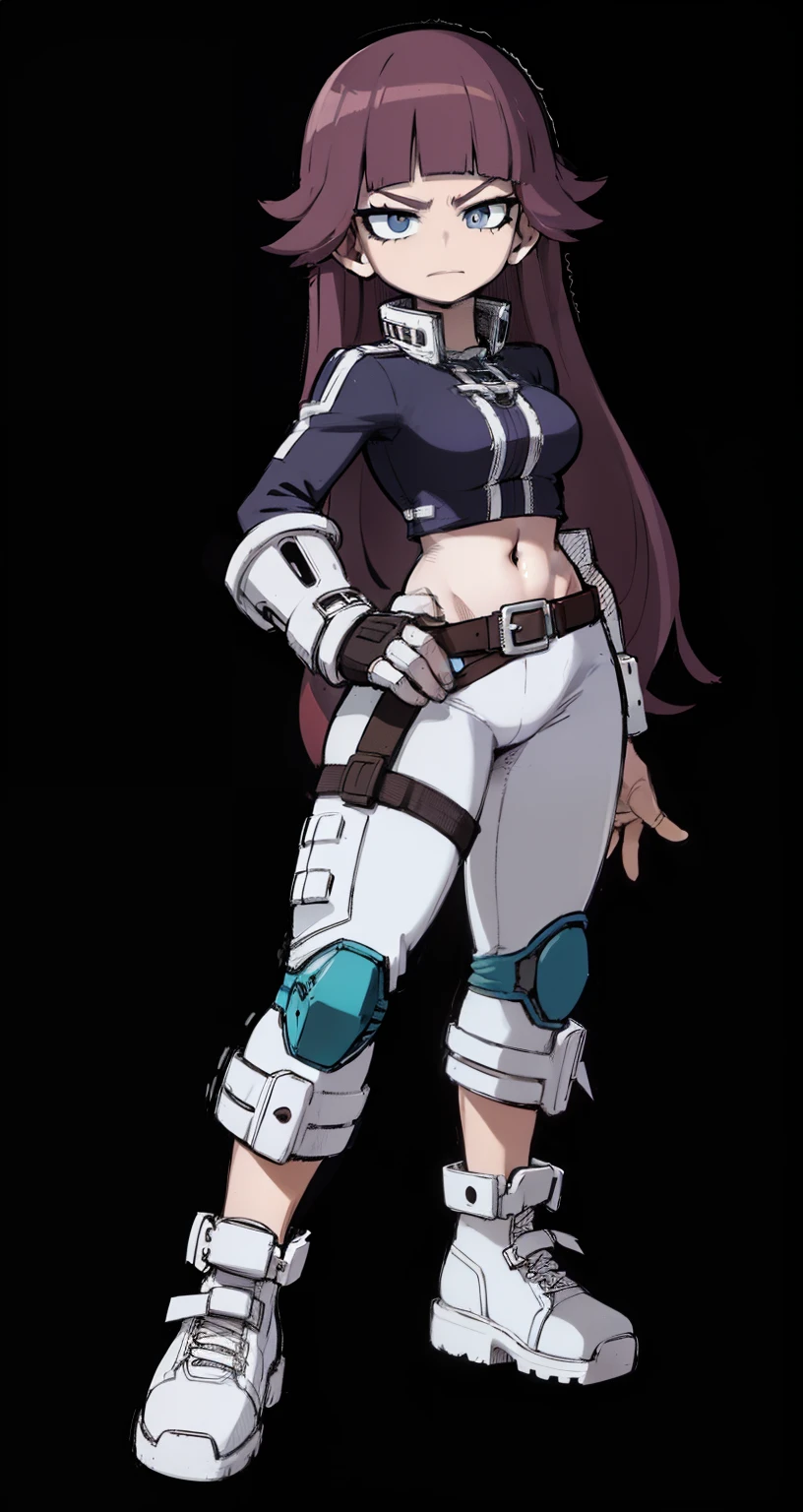 My Hero Academia style, anime Girl, female, trending on artstation pixiv, (full body shot:0.5), wide hips, wide thighs, medium breast, Long hair, pixie bangs, dark purple hair, blue eyes, hero outfit, full body outfit, black outfit with white pants and exposed belly button, outfit with exposed midriff, Joyful gaze, smug, looking at viewer, perfect hands, Perfect anatomy, Super Detailed,