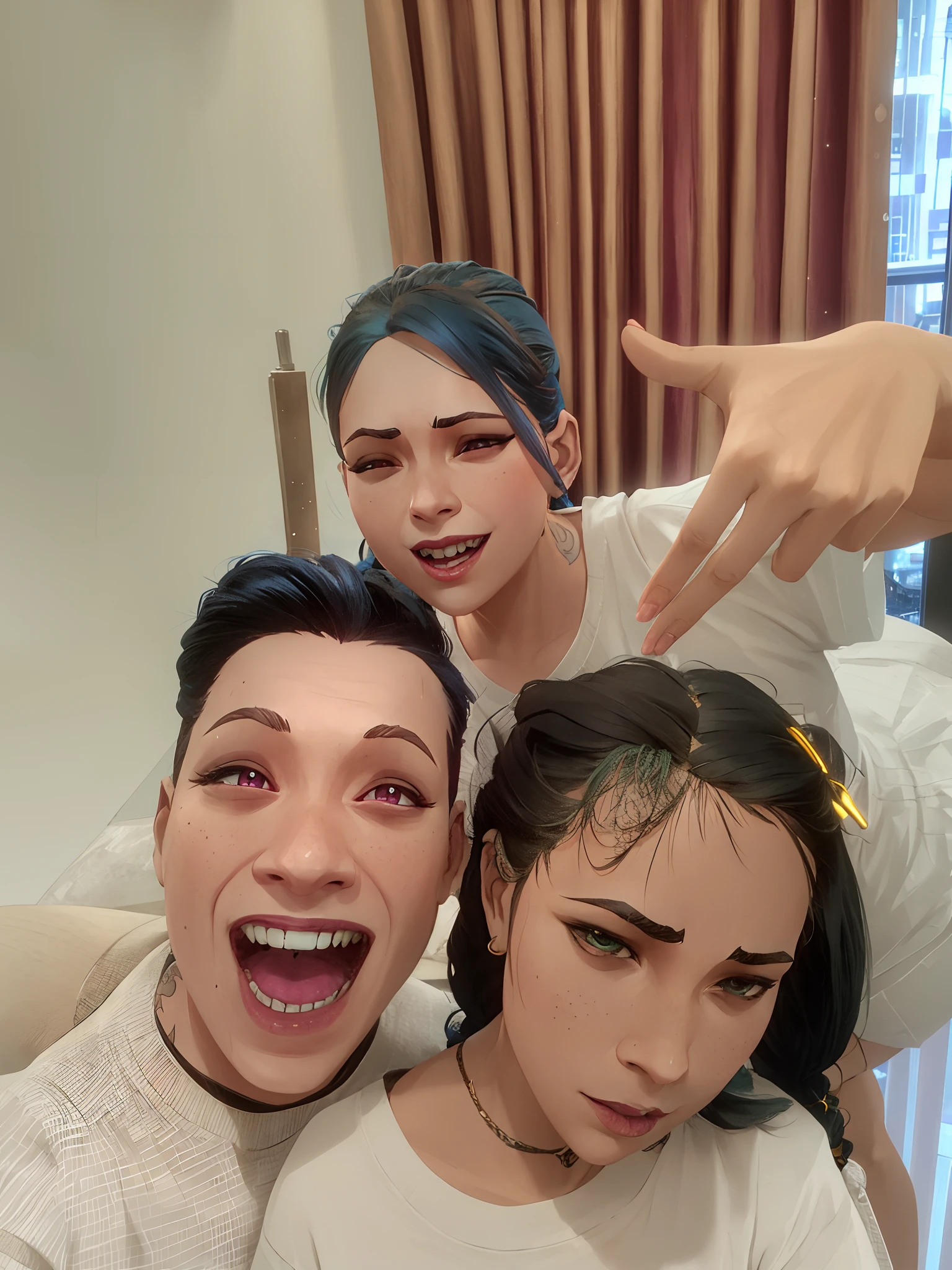 arcane style,

1girl, arm tattoo, asymmetrical bangs, bangs, blue hair, braid, brown shirt, cloud tattoo, looking at viewer, laughing, crazy, uncontrollable laugh, mad look, night, city, green hair, long hair, midriff, pink eyes, red lips, shirt, solo, standing, tattoo, twin braids, upper body, arcane jinx, jinx \(league of legends\)