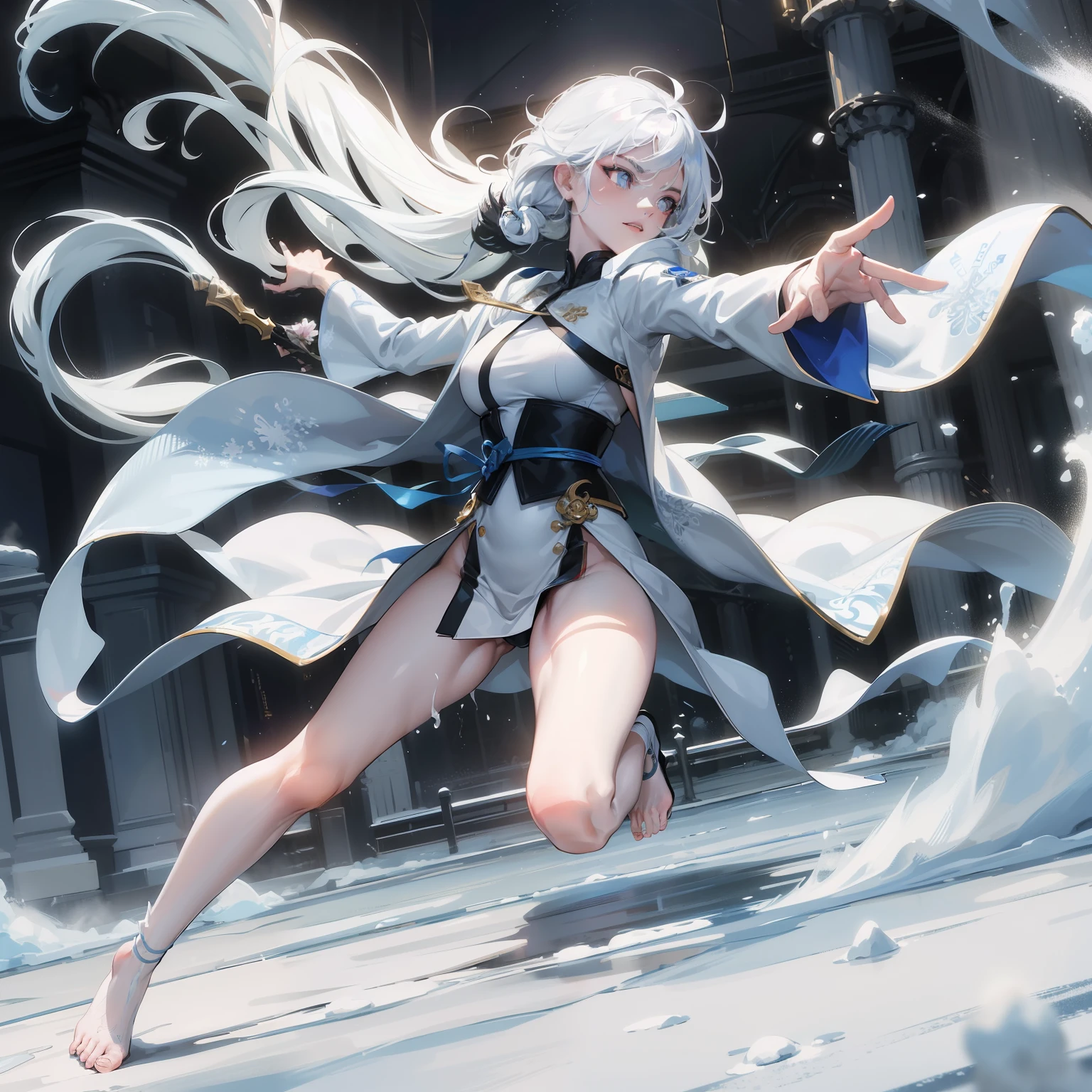 martial artist girl with bright blue fire coming out of her hands, seductive look, martial art stance, under rain, white hair, long hair, swept bangs, expressive hair, wet hair, scar across eye, glowing eyes, blue eyes, seductive smile, full body martial artist white robe, nosebleed, badass shot, badass, outside, snow, Action painting, bloom, ray tracing, drop shadow, wide shot, panorama, Canon, bloom, anatomically correct, textured skin, high quality, best quality, highres, high details, masterpiece, snowflake, fix hands