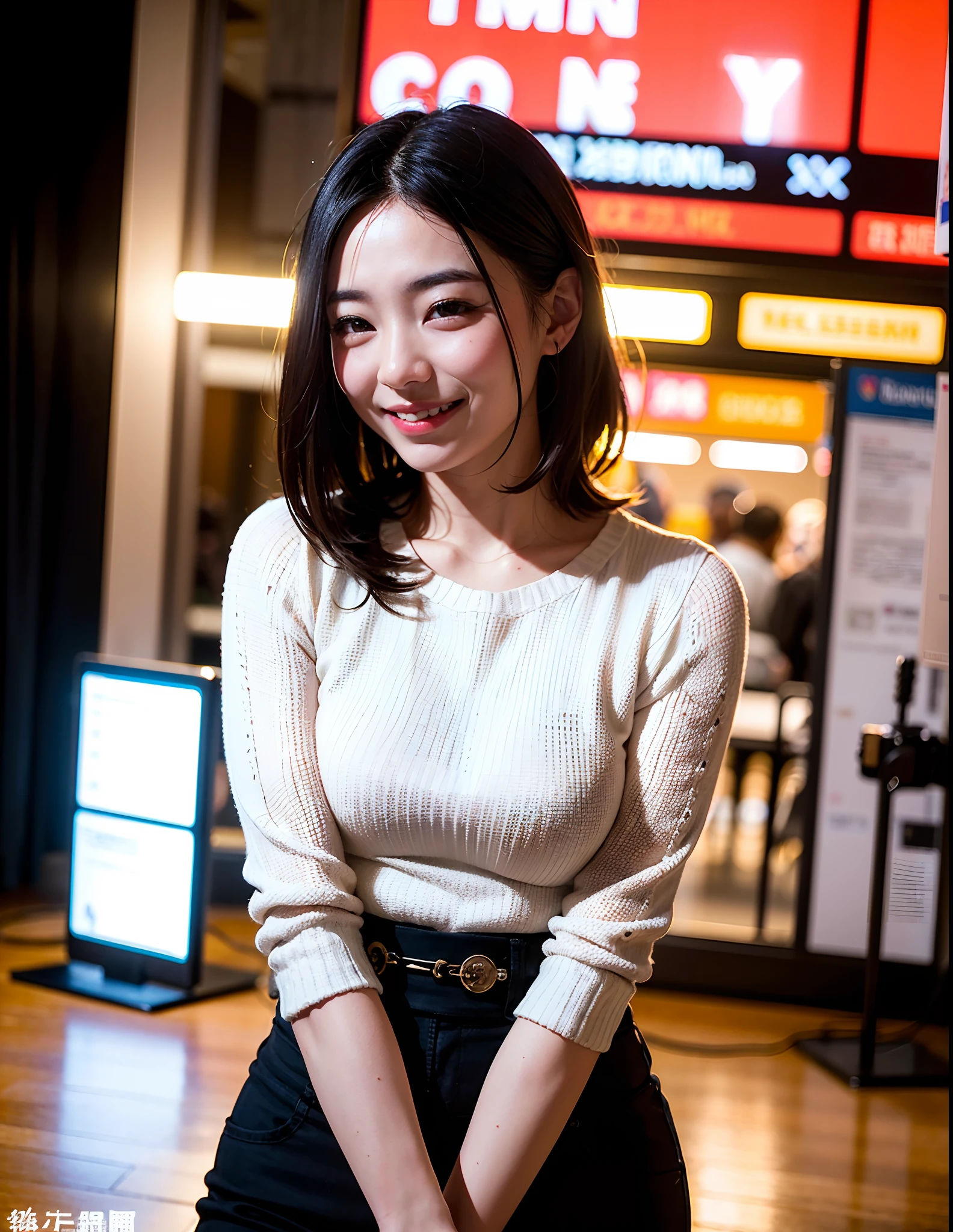 (in 8K、RAW Photography、top-quality、masterpiece:1.2)、(realisitic、Photorealsitic:1.37)、1人、japanes、a smile、short-hair、profetional lighting、Photon mapping、Radio City、gals、Lots of lashes、Lame on the eyelids