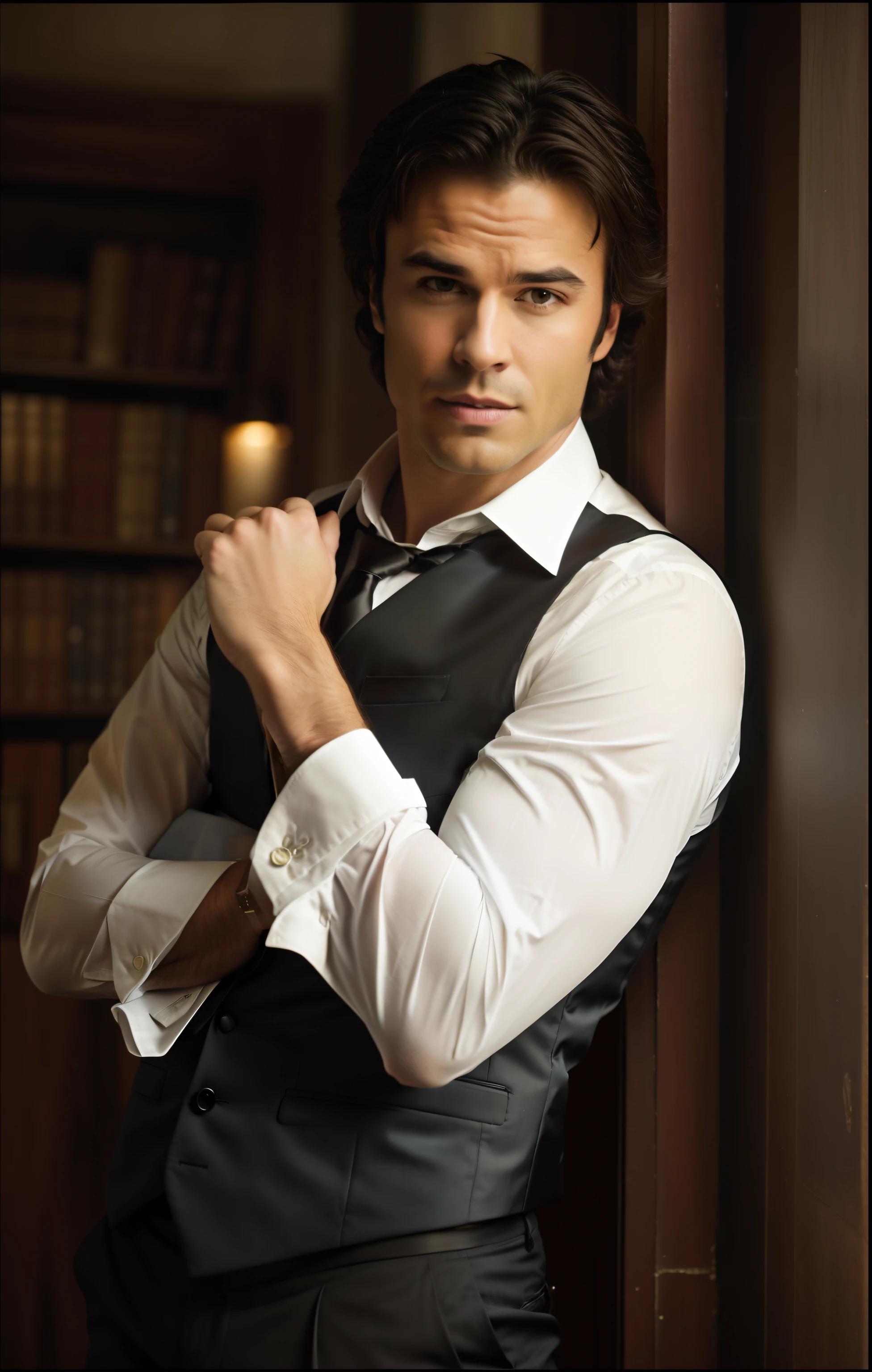 arafed man in a vest and tie leaning against a wall, damon salvatore, handsome man, bella, handsome male vampire, beautiful man, fox, male vampire, handsome male, tv show still, handsome, tv show, vampire, promo still, alejandro, edward, hot, stunning woman, james, intense smoldering, no shirt under the vest