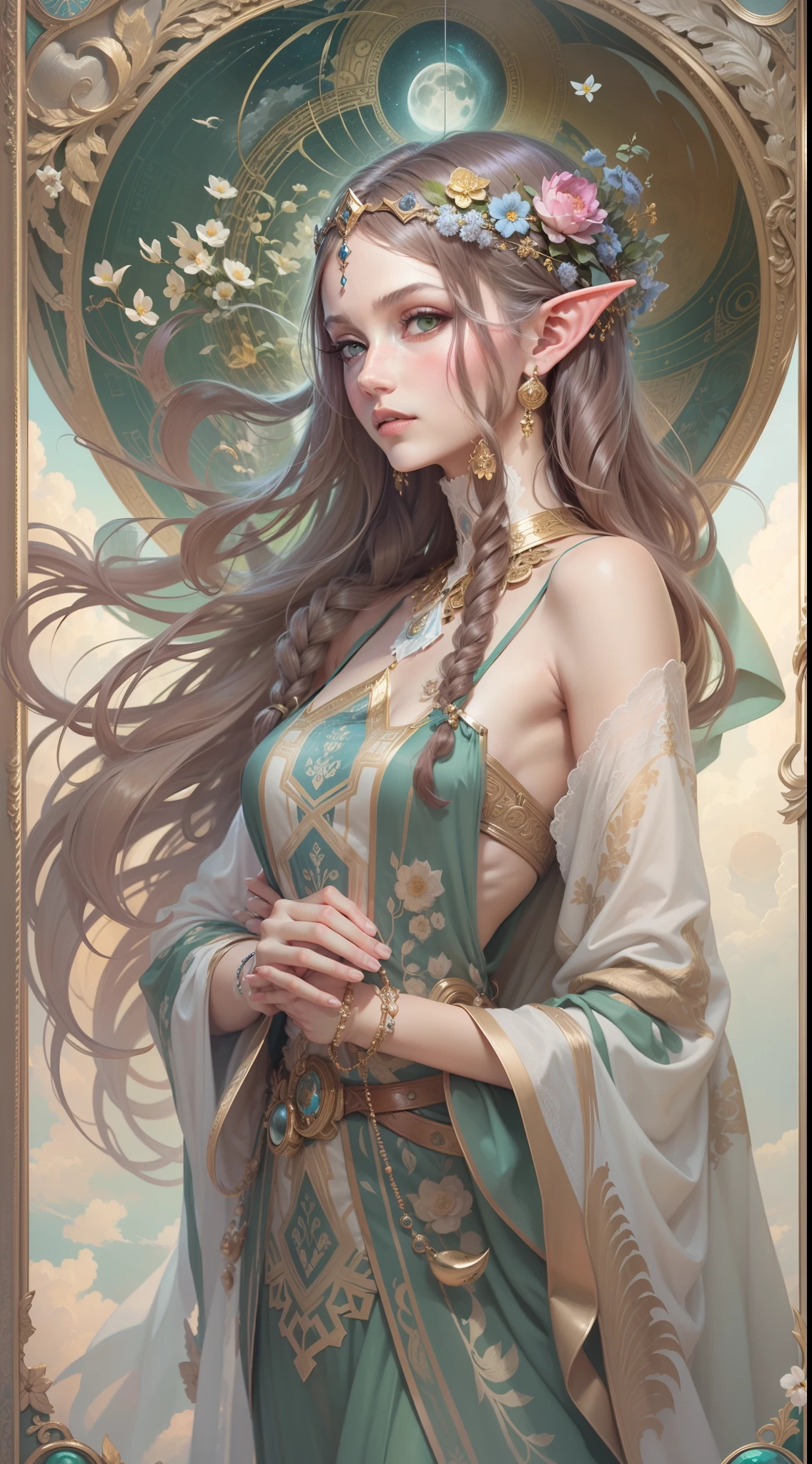 1 elf girl,woman, upper body,Green eyes,european elf face portrait,long shapeless hair, Shiny skin, Detailed face, wearing patterned robe, Sumeru,Clouds, moon,tarot card layout,Best quality, Masterpiece, (Realistic:0.6), Realistic lighting,Flower frame, Decorative panels, abstract artistic, Alphonse Mucha (tmasterpiece, best qualtiy, A high resolution: 1.4), A detailed, Complicated details, 4K,cerulean, Line art, Fibonacci