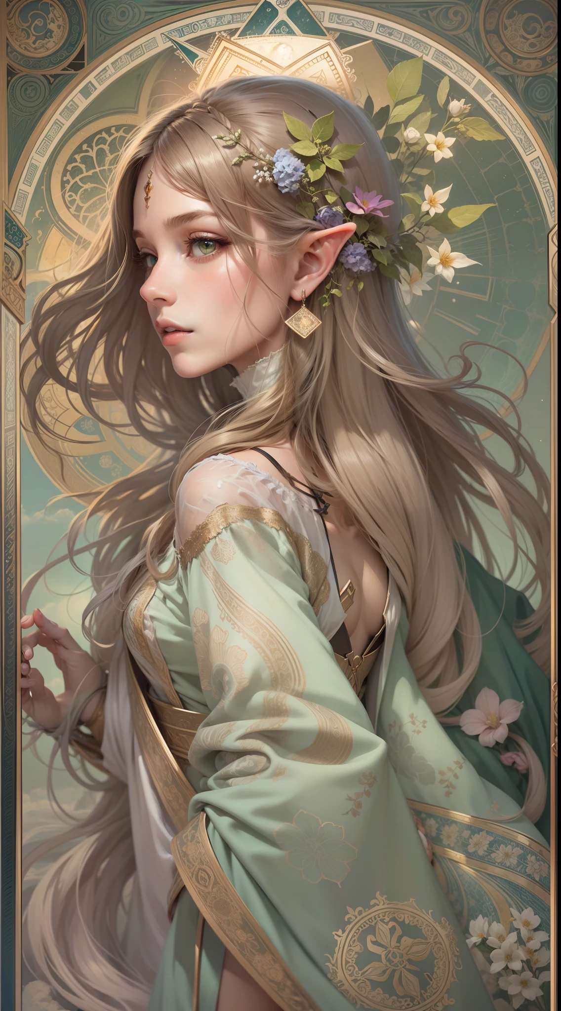 1 elf girl，woman, upper body，Green eyes，european elf face portrait，long shapeless hair, Shiny skin, Detailed face, wearing patterned robe， Sumeru，Clouds, moon，tarot card layout，Best quality, Masterpiece, (Realistic:0.6), Realistic lighting,Flower frame， Decorative panels， abstract artistic， Alphonse Mucha （tmasterpiece， best qualtiy， A high resolution： 1.4）， A detailed， Complicated details， 4K，cerulean， Line art， Fibonacci