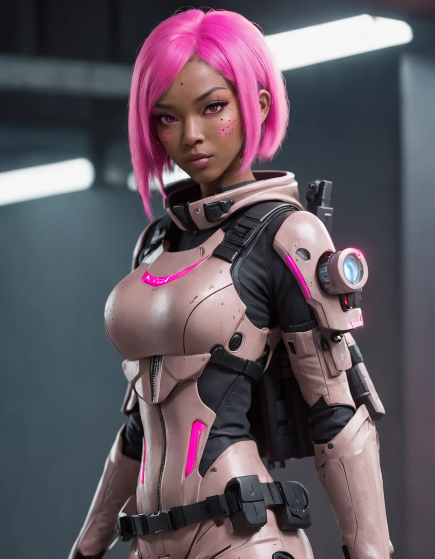 REALISTIC ANIME STYLE, JAPANESE ANIME, REAL ANIME, RAGE UNLEASHED, CRAZY SMILE, HAPPY, INSANE, afro asian cute woman cyborg soldier HEAVY CYBERNETIC ARMOR, NEON PINK SNIPER RIFFLE, SNIPER RIFLE glowing PINK eyes,BIG COOL CYBERNETIC HOODIE JACKET WITH NEON LIGHTS, cybernetic, cyberpunk SNIPER, on planet venus, wasteland, apocalypse, barren venus planet, cinematic, volume lighting, PURPLE SMOKE EXPLOSION