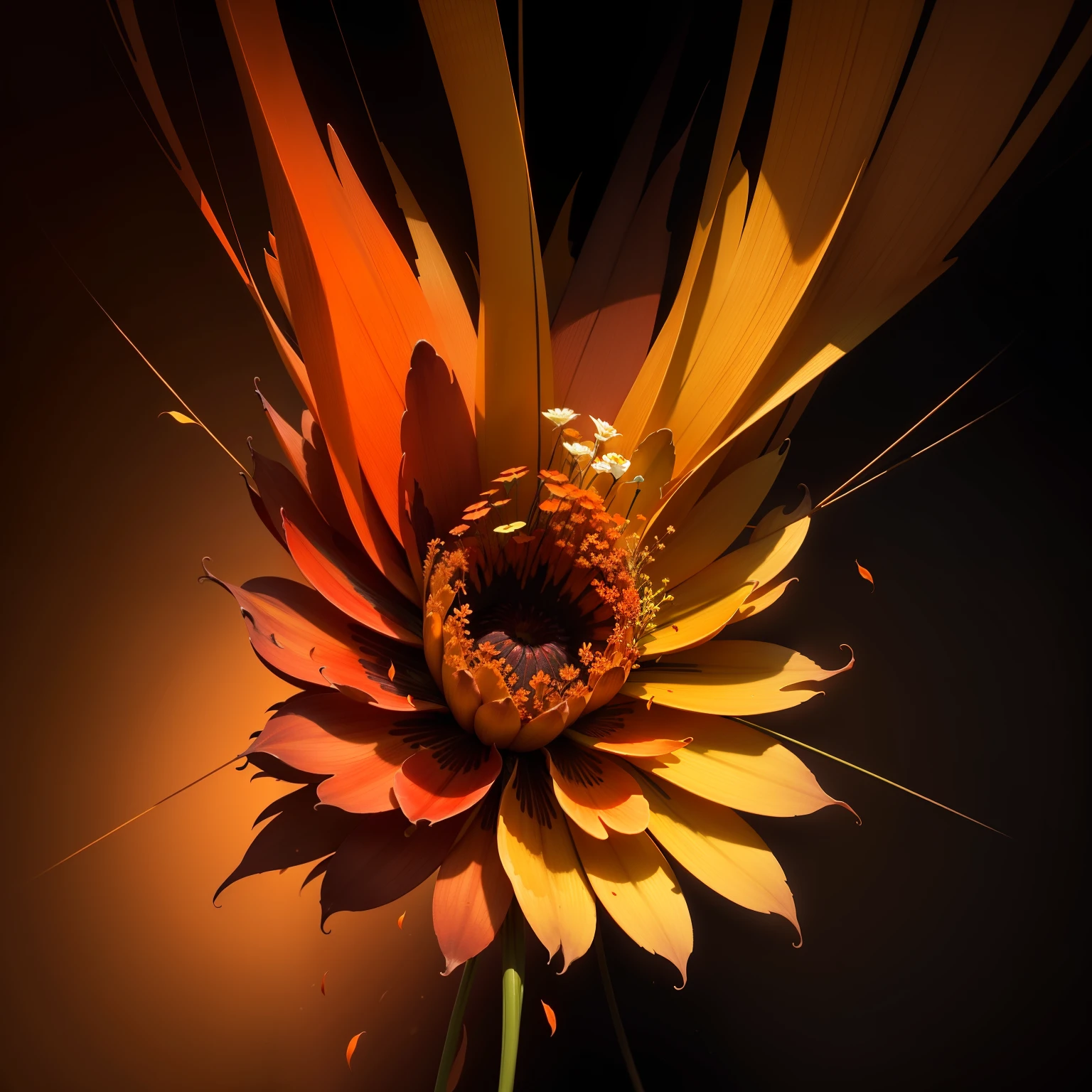 The brown-orange-yellow-red gradient petals resemble puppeteers,But there is no skin,There is no flesh and blood,The whole body is brownish-orange-yellow-red,Orange-yellow is the main color,Orange is the dominant color,Brown and red are rendering colors,The gradient color,The body can be arbitrarily broken down into flowers and leaves to defuse attacks,The flowers and leaves are extremely sensitive、sharpest,Almost immortal,It is a form of life composed of flowers and leaves