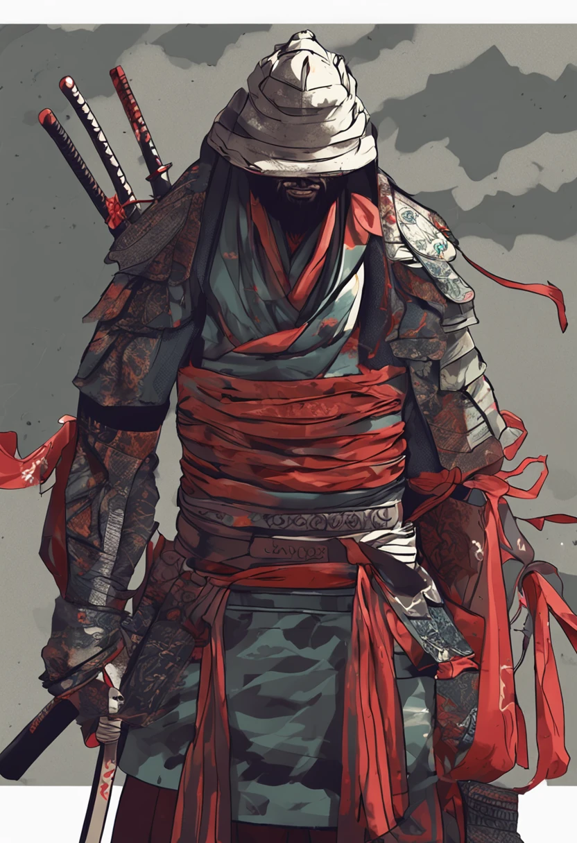 Felipe Eyng como um samurai, scarf on face, armadura negra, sombrio, barba, best quality, bloodthirsty