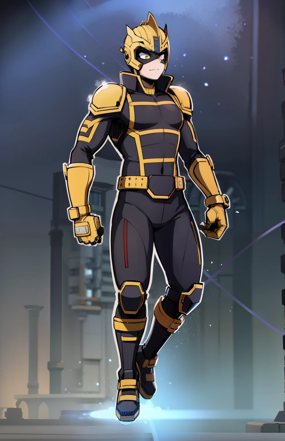 My Hero Academia style, anime Girl, female, trending on artstation pixiv, (full body shot:0.5), wide hips, wide thighs, medium breast, head covering, helmet, face covering, mask, yellow helmet, yellow mask, hero costume, full body suit, black suit with golden details, golden gloves, golden boots, golden aura, looking at viewer, smug, joyful gaze, perfect hands, Perfect anatomy, Super Detailed,