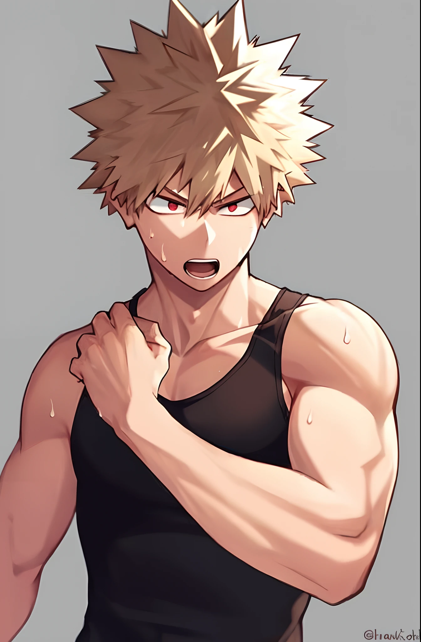 horikoshi kouhei, 1boy, absurdres, bakugou katsuki, bare shoulders, black tank top, blonde hair, blurry, blurry background, boku no hero academia, chama kou, highres, looking away, male focus, muscular, muscular male, open mouth, red eyes, short hair, spiked hair, sweat, tank top, twitter username, wiping sweat,