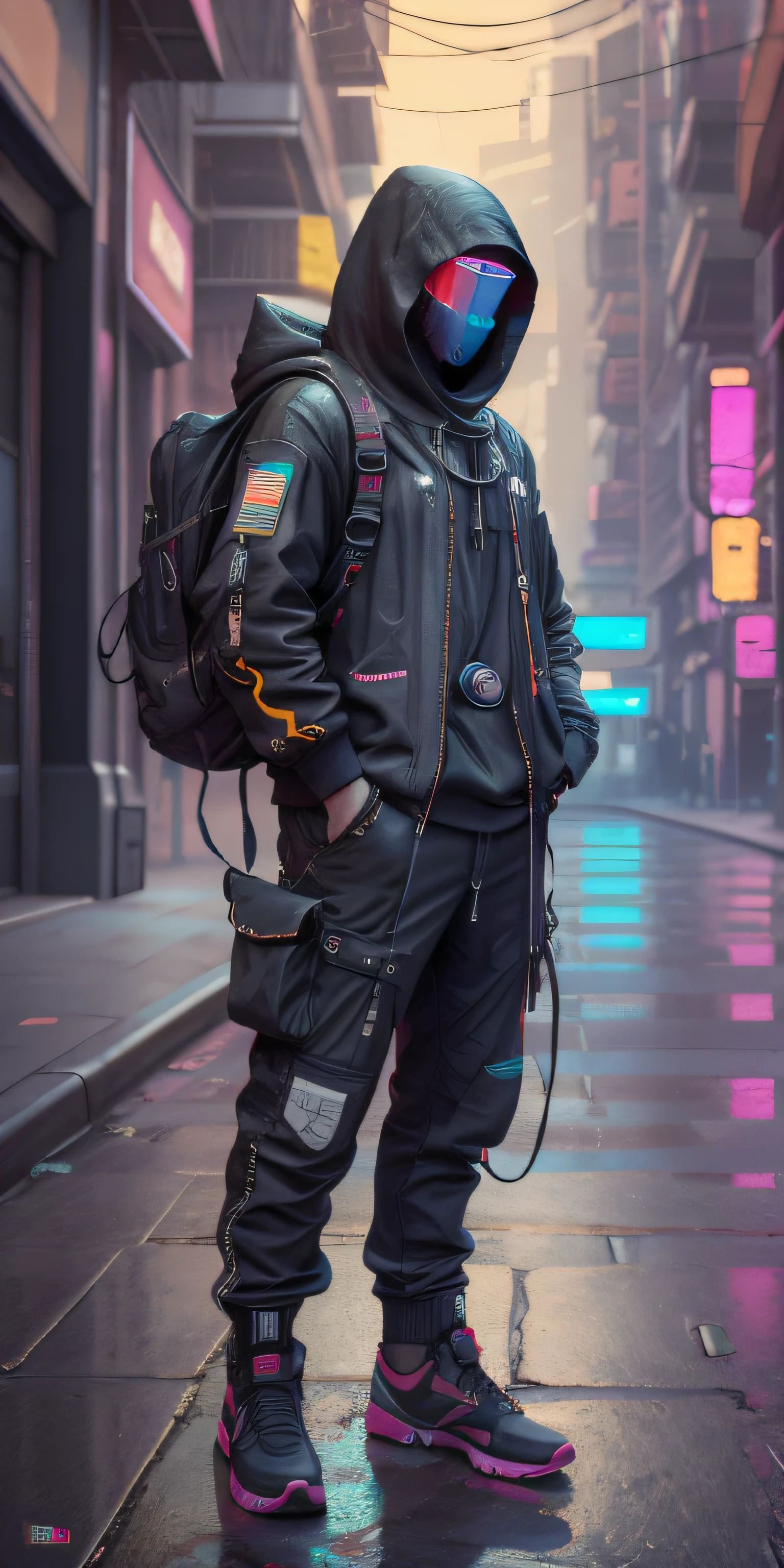(obra-prima, foto de corpo inteiro, fotografia crua intrincada) Cyberpunk Citizen, Comfortable Oversize Black Hood, black cargo pants, roupas pretas, escuro, usando um capacete preto estilo hitech Astronauta, intrincado, futurista, advanced technology, ambiente escuro, dramatic, luz e sombra, cinemactic, action film, nitidez, random relaxed position, Cyberpunk City, luzes de rua, rua escura, noite, Insta foto, foto do ano, octano render, substance, Maya 3D, cinema4D, ArtStation Trending, Devian Art Trend, Technological rifle, High Accuracy, implante neural, acid rain, nublado, detalhes em neon,