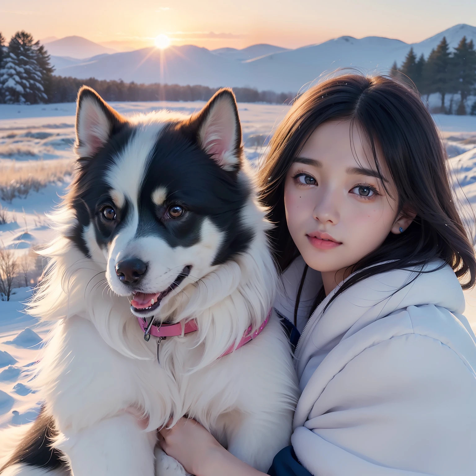 (A hyper-realistic)、(illustratio)、(hight resolution)、(8k picture)、(ighly detailed、(pup)、(Border collie)、(1animal)、Drive through the snowy fields、Dawn background、Soft lighting from the top right、roundly eyes、blue-sky、reallistic、Fluffy fur、