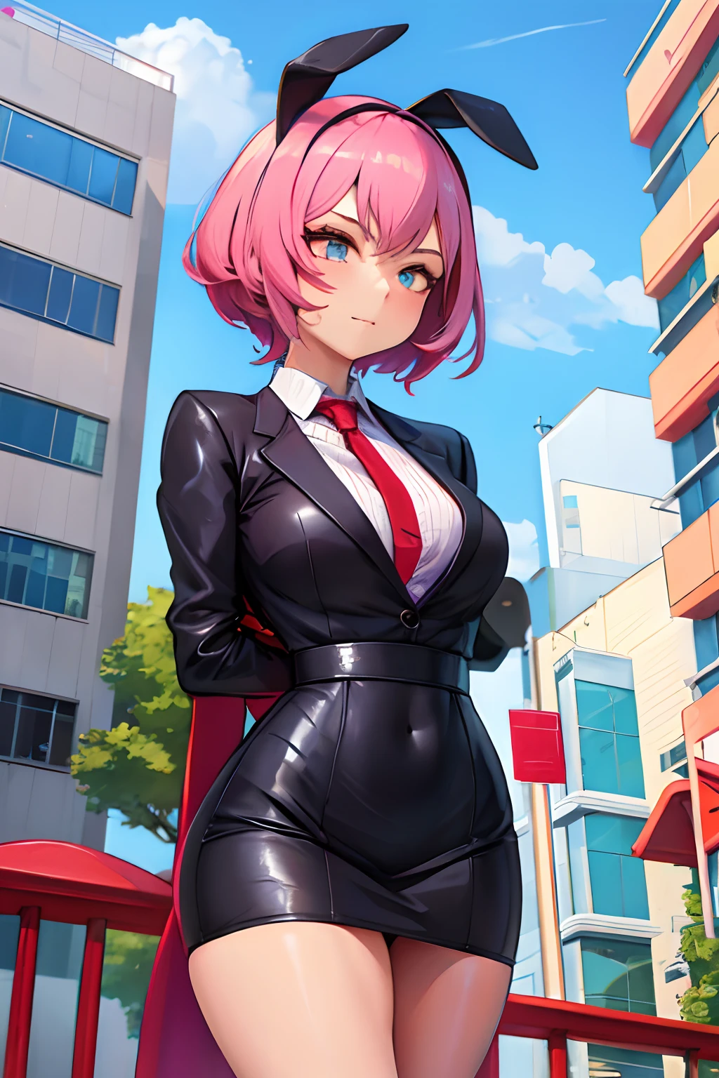 Slim, (Wide hips, Thick thighs), Scared, Slender, view the viewer, bound arms, arms back behind, (Dress shirt, tie, pencil skirts), in office building, (Masterpiece), (Best quality:1.2), absurderes, Intricate details, (Highly detailed skin:1.2),