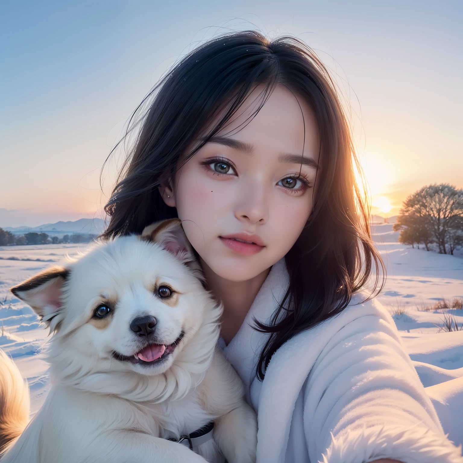 (A hyper-realistic)、(illustratio)、(hight resolution)、(8k picture)、(ighly detailed、（pup）、（Border collie）、（1animal）、Drive through the snowy fields、Dawn background、Soft lighting from the top right、roundly eyes、blue-sky、reallistic、Fluffy fur、