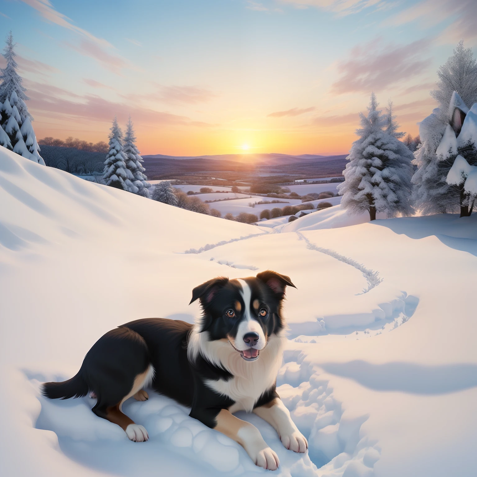 (A hyper-realistic)、(illustratio)、(hight resolution)、(8k picture)、(ighly detailed、(pup)、(Border collie)、(1animal)、Drive through the snowy fields、Dawn background、Soft lighting from the top right、roundly eyes、blue-sky、reallistic、Fluffy fur