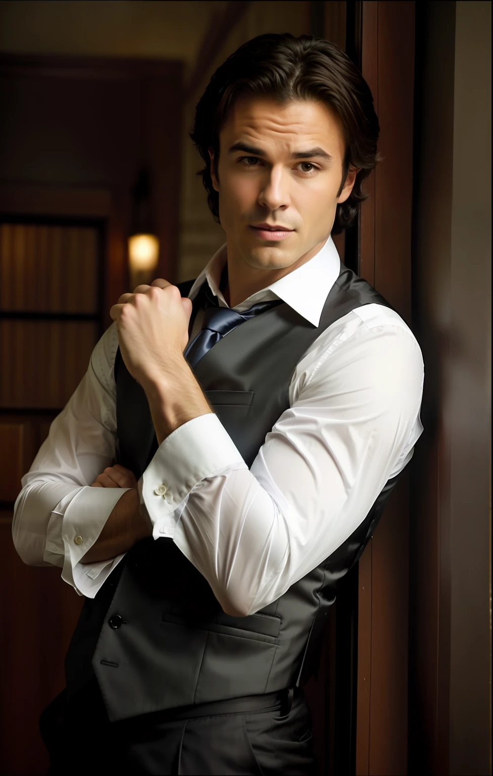 arafed man in a vest and tie leaning against a wall, damon salvatore, handsome man, bella, handsome male vampire, beautiful man, fox, male vampire, handsome male, tv show still, handsome, tv show, vampire, promo still, alejandro, edward, hot, stunning woman, james, intense smoldering, no shirt under the vest