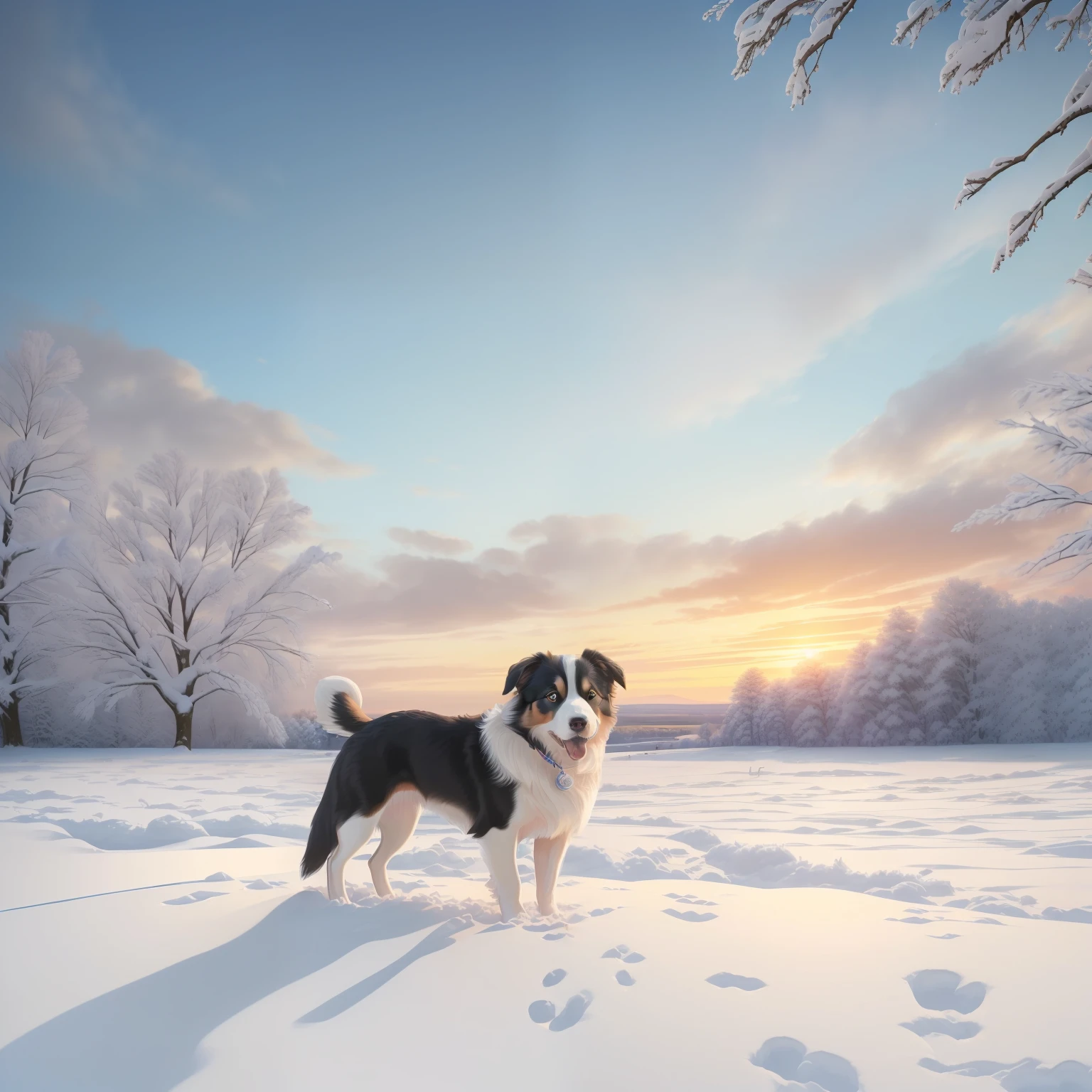 (A hyper-realistic)、(illustratio)、(hight resolution)、(8k picture)、(ighly detailed、（pup）、（Border collie）、（1animal）、Drive through the snowy fields、Dawn background、Soft lighting from the top right、roundly eyes、blue-sky、reallistic、Fluffy fur