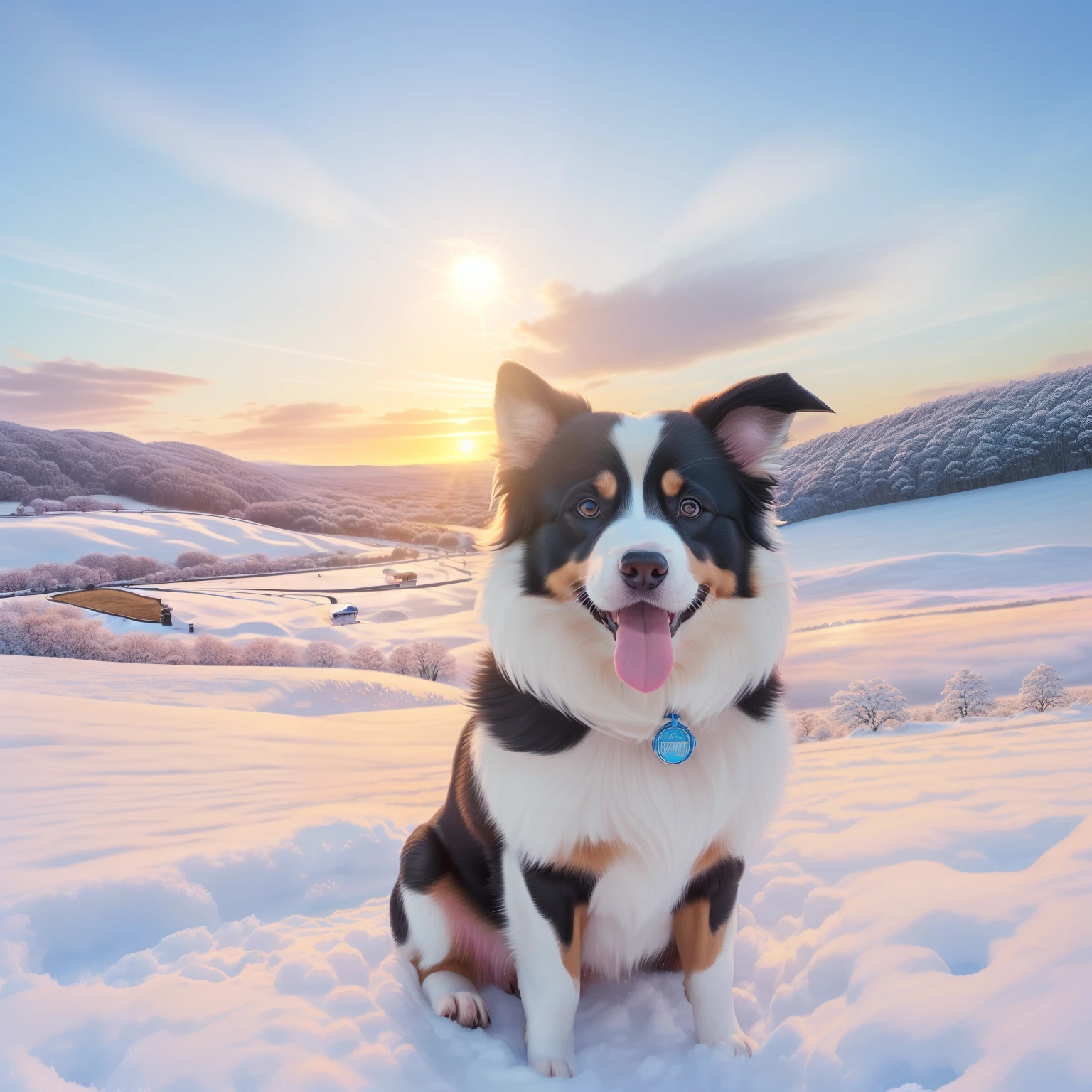 (A hyper-realistic)、(illustratio)、(hight resolution)、(8k picture)、(ighly detailed、（pup）、（Border collie）、（1animal）、Drive through the snowy fields、Dawn background、Soft lighting from the top right、roundly eyes、blue-sky、reallistic、Fluffy fur、(sprint)