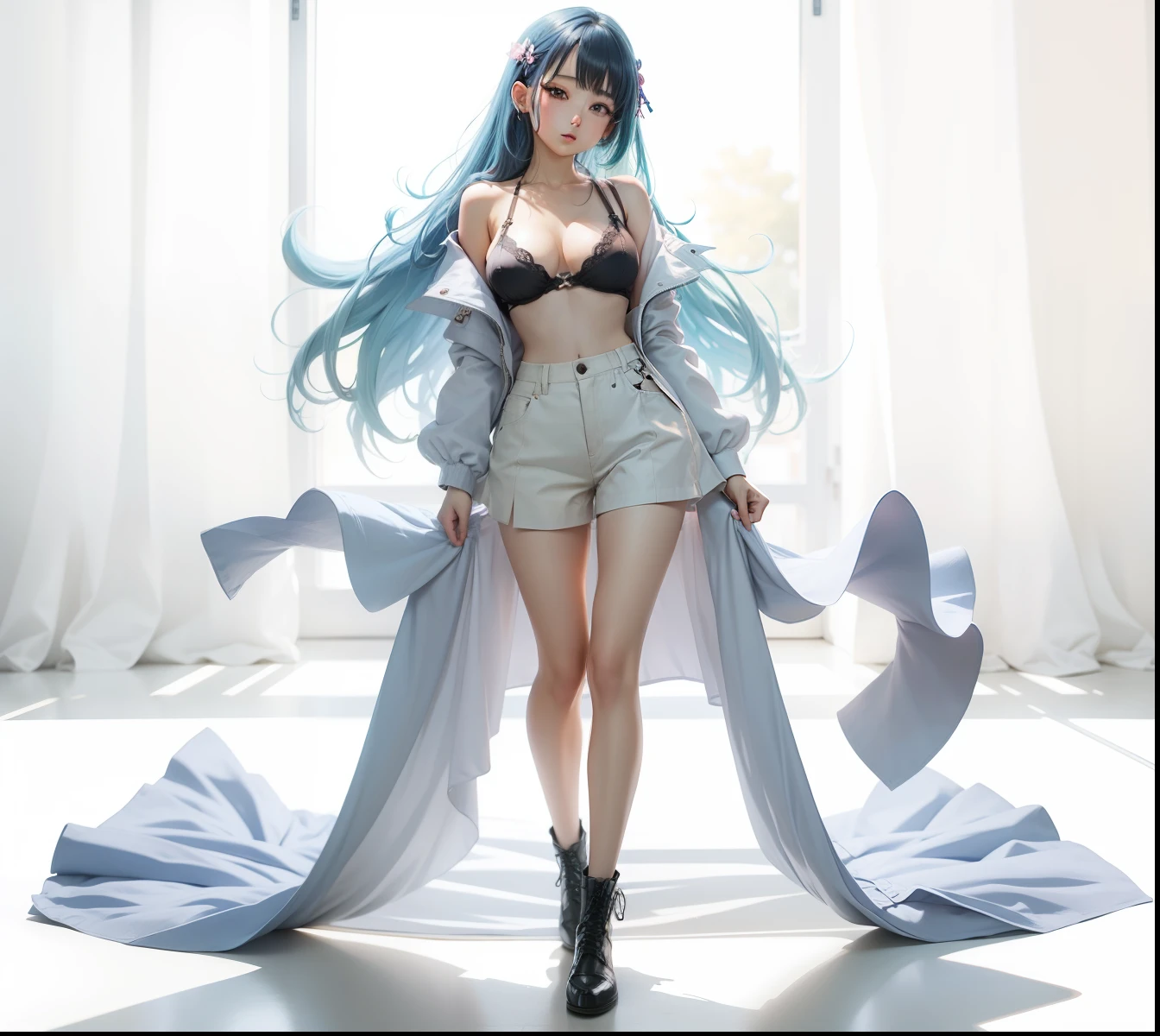 Anime style, cute girl with open bra and open blouse