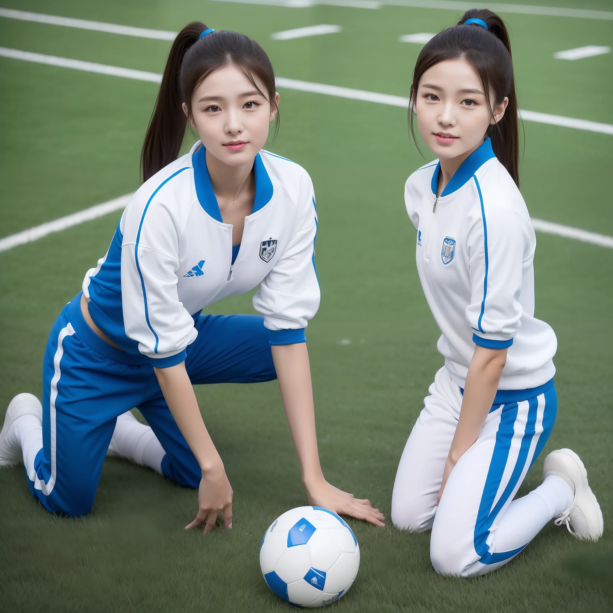 1 very beautiful female high school student，Wear blue and white tracksuits，Kneel on the grass of a football field and play with the ball，（Kneel on the grass:1.0），Super high value，perfect body figure，Beautiful short ponytail，Delicate hair，Fair face and skin，Beads of sweat，Have fun on the playground，Breasts are full and huge:1.5，Chest bulge，（The tracksuit on the chest is high and bulging, Tightness and bulging:1.5），Delicate fair and soft toes，White and delicate fingers，（Delicate sneakers:1.5），fully body photo