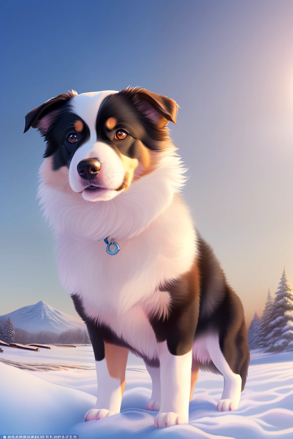 (A hyper-realistic)、(illustratio)、(hight resolution)、(8k picture)、(ighly detailed、(pup)、(Border collie)、(1animal)、Drive through the snowy fields、Dawn background、Soft lighting from the top right、roundly eyes、blue-sky、reallistic、Fluffy fur