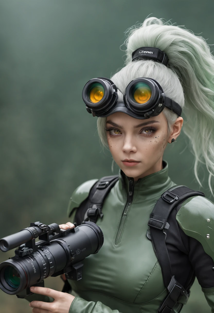 REALISTIC ANIME STYLE, JAPANESE ANIME, REAL ANIME, RAGE UNLEASHED, ANGRY,  binoculars eyes, african american old man, white long beard cyborg soldier CAMERA LENSE HELM, ZOOM LENS GUN, GREEN HAMMER, GREEN CURLY SHORT HAIR, REFLECTIVE LENS EYES, heavy mecha armor, cybernetic, cyberpunk SPY, on planet venus, wasteland, apocalypse, barren venus planet, cinematic, volume lighting,