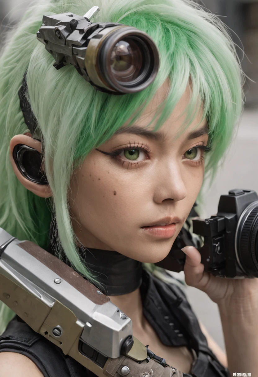 REALISTIC ANIME STYLE, JAPANESE ANIME, REAL ANIME, RAGE UNLEASHED, ANGRY, binoculars eyes, african american old man, white long beard cyborg soldier CAMERA LENSE HELM, ZOOM LENS GUN, GREEN HAMMER, GREEN CURLY SHORT HAIR, REFLECTIVE LENS EYES, heavy mecha armor, cybernetic, cyberpunk SPY, on planet venus, wasteland, apocalypse, barren venus planet, cinematic, volume lighting,