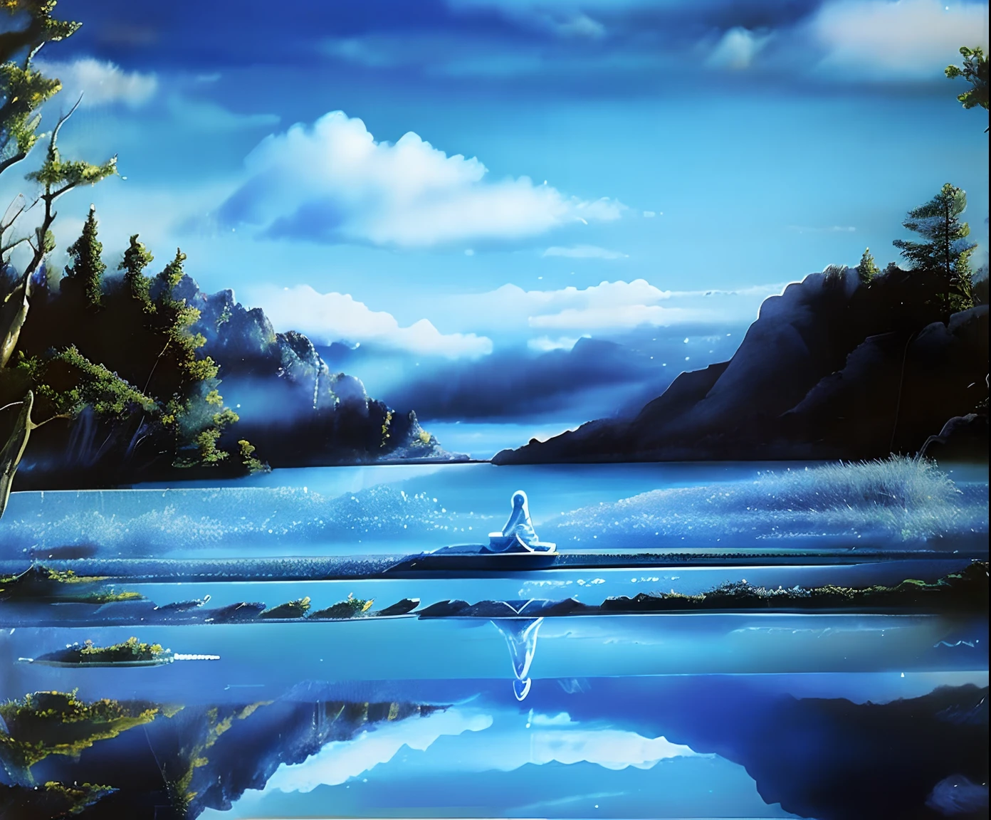 Um claro, Blue sky over a tranquil lake, reflecting the clouds on its mirrored surface. A person sitting at the water's edge, immersed in contemplation, symbolizing full presence and connection to the present moment