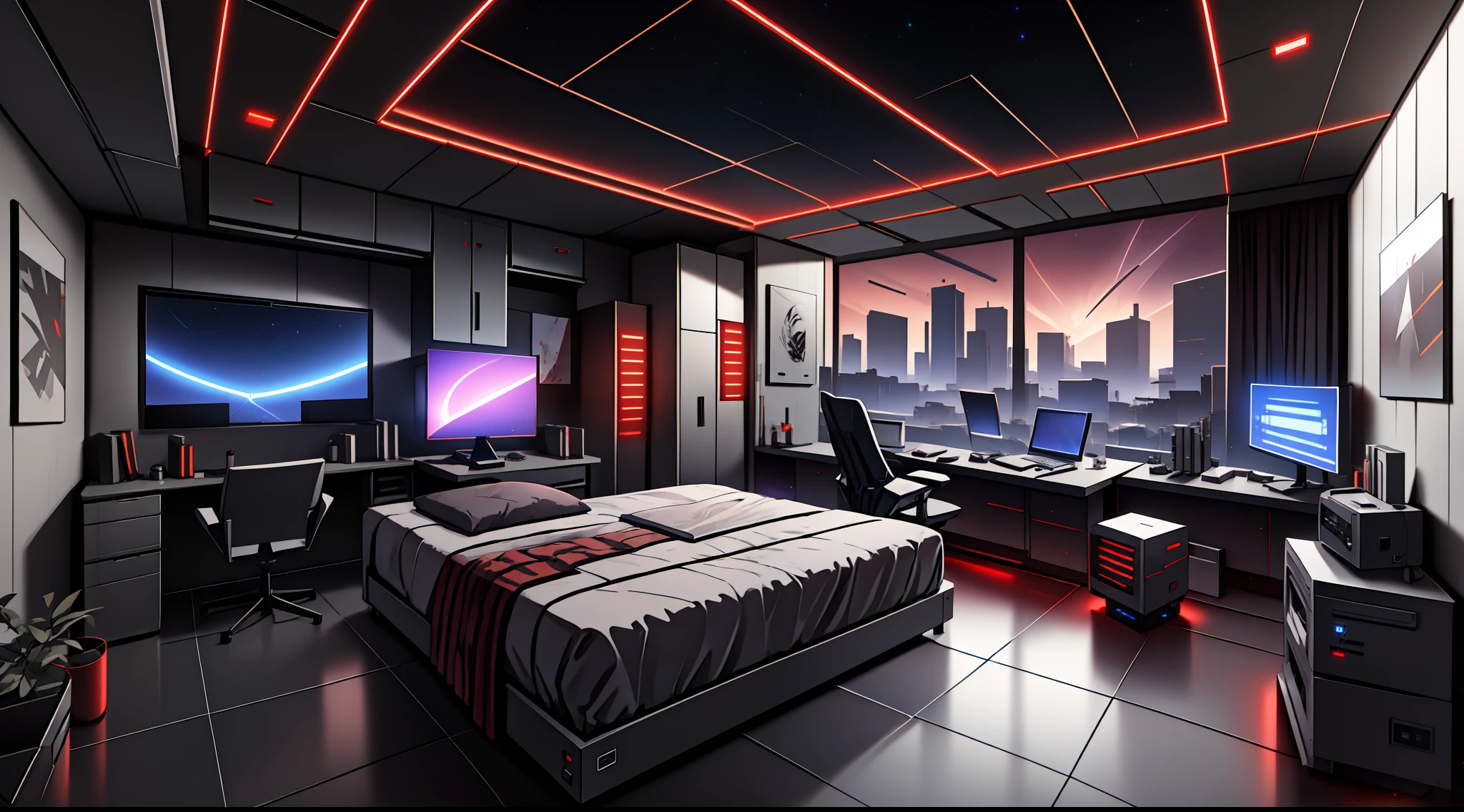 Warm Light Source Cyberpunk Calm Night Tech Bedroom Computer Desk Microphone Light Computer Water Dispenser Small Fluorescent Starry Sky Smooth Floor Red Fox Deconstructivism Fragmentation Gorgeous Sculptures Floor-to-ceiling windows Lightweight Bed Camera Chair Game Interface Crimson Dark Environment Ambilight