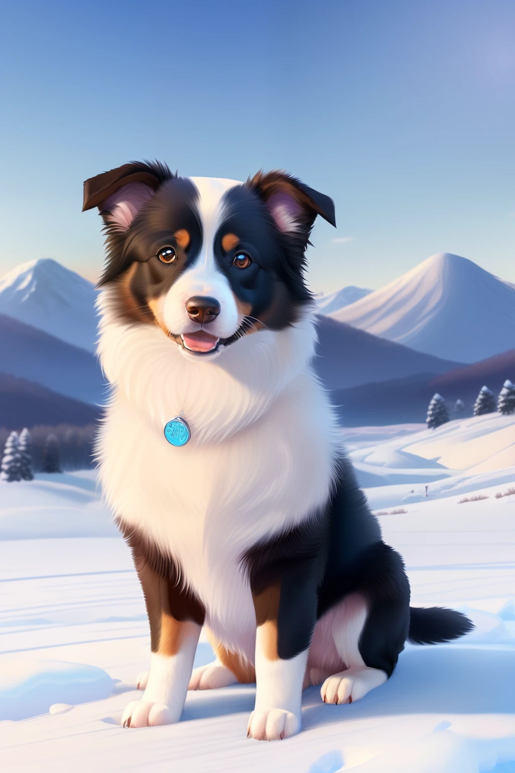 (A hyper-realistic)、(illustratio)、(hight resolution)、(8k picture)、(ighly detailed、(pup)、(Border collie)、(1animal)、Drive through the snowy fields、Dawn background、Soft lighting from the top right、roundly eyes、blue-sky、reallistic、Fluffy fur