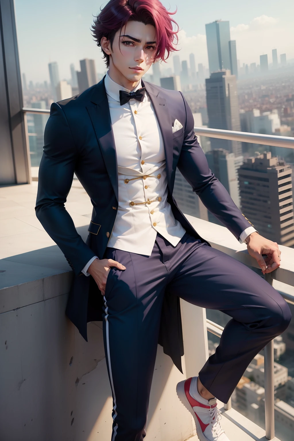 A male anime character with an athletic body, bem vestido com traje de cores de tons escuros, on top of a luxurious building with a beautiful view of the city