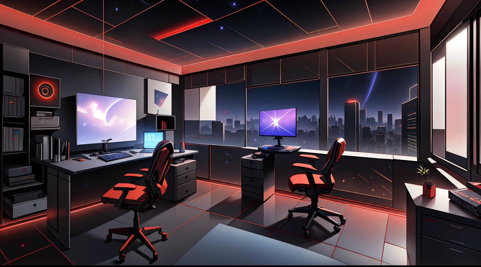 Warm Light Source Cyberpunk Calm Night Tech Bedroom Computer Desk Microphone Light Computer Water Dispenser Small Fluorescent Starry Sky Smooth Floor Red Fox Deconstructivism Fragmentation Gorgeous Sculptures Floor-to-ceiling windows Lightweight Bed Camera Chair Game Interface Crimson Dark Environment Ambilight