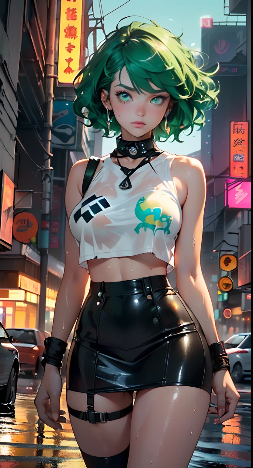 girl youtuber,(((1girl))),((extremely cute and beautiful green curly-haired anime girl)),

(short breasts:1.4),(((green curly hair:1.35,very curly hair,colored inner hair,ear breathing,short hair))),((green eyes:1.3,upturned eyes:1.3,perfect eyes,beautiful detailed eyes,rainbow glows ultra-detailed yellow green eyes:1.1,gradient eyes:1,finely detailed beautiful eyes:1,symmetrical eyes:1,big highlight on eyes:1.2)),((fat)),(((lustrous skin:1.5,bright skin: 1.5,skin tanned,shiny skin,very shiny skin,shiny body,plastic glitter skin,exaggerated shiny skin,illuminated skin,wet legs))),delicate detailed fingers,detailed body,human hands,(detailed face)),

cute,slutty,seductive,erotic,(((nsfw))),

zettai ryouiki,revealing clothing,show skin,((rave mini-skirt,visible thong straps,white loose tank top with an anime girl print)),((wet clothes,detailed outfit,detailed clothes)),

(dynamic pose:1.0),embarrassed,(centered,scale to fit dimensions,Rule of thirds),

((((cyberpunk city by the ocean,huge buildings,neon signs,puddles)))),stormy sky,threatening sky,dark clouds,((synthwave background theme,detailed background : 1.25)),((((night,nice lighting decorations,detailed architecture)))),

(best quality,high resolution,sharp focus,ultra detailed,extremely detailed,extremely high quality artwork,(realistic,photorealistic:1.37),8k_wallpaper,(extremely detailed CG 8k),(very fine 8K CG),((hyper super ultra detailed perfect piece)),flawless,(((masterpiece))),illustration,vibrant colors,(intricate),High contrast,Selective lighting,Double exposure,HDR (High Dynamic Range),Post-processing,Background blur,