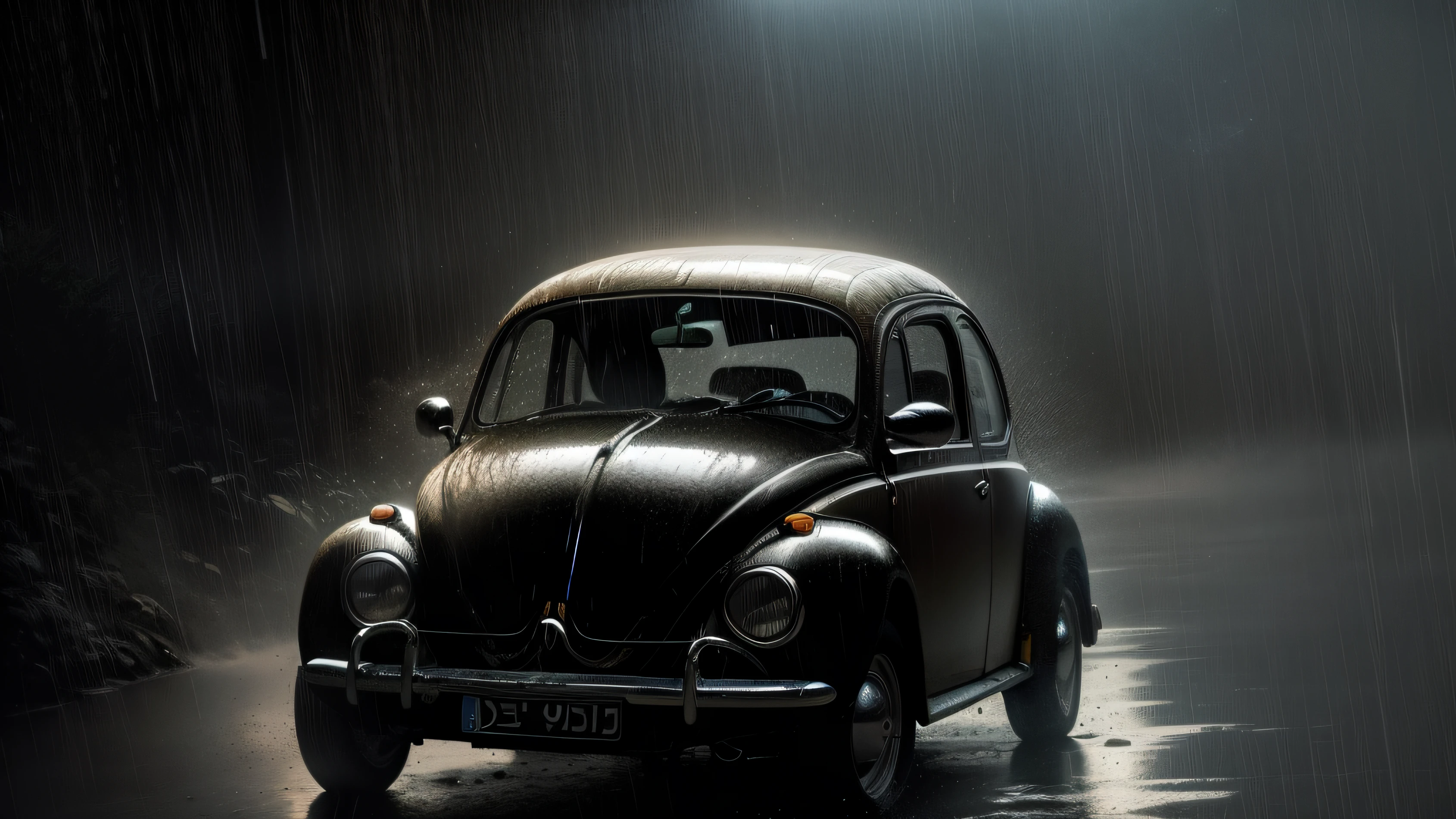VW Beetle at night with headlights on, muita chuva, Car and floor all wet