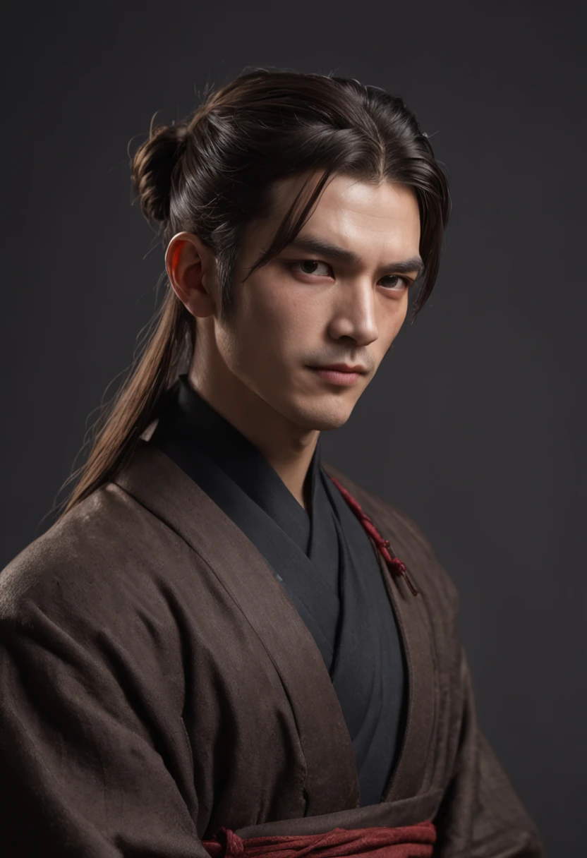 Male, tall, structured face, long brown hair tied up in a half bun, dark eyebags, scar on left eyebrow, strong eyebrows, looks moody, broad shoulders, mage, dark turtleneck robe, fantasy, masterpiece, 4k, bloom, anatomically correct, highly detailed