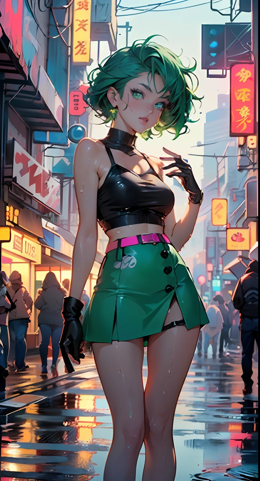 girl youtuber,(((1girl))),((extremely cute and beautiful green curly-haired anime girl)),

(short breasts:1.4),(((green curly hair:1.35,very curly hair,colored inner hair,ear breathing,short hair))),((green eyes:1.3,upturned eyes:1.3,perfect eyes,beautiful detailed eyes,rainbow glows ultra-detailed yellow green eyes:1.1,gradient eyes:1,finely detailed beautiful eyes:1,symmetrical eyes:1,big highlight on eyes:1.2)),((fat)),(((lustrous skin:1.5,bright skin: 1.5,skin tanned,shiny skin,very shiny skin,shiny body,plastic glitter skin,exaggerated shiny skin,illuminated skin,wet legs))),delicate detailed fingers,detailed body,human hands,(detailed face)),

cute,slutty,seductive,erotic,(((nsfw))),

zettai ryouiki,revealing clothing,show skin,((rave mini-skirt,visible thong straps,white loose tank top with an anime girl print)),((wet clothes,detailed outfit,detailed clothes)),

(dynamic pose:1.0),embarrassed,(centered,scale to fit dimensions,Rule of thirds),

((((cyberpunk city by the ocean,huge buildings,neon signs,puddles)))),stormy sky,threatening sky,dark clouds,((synthwave background theme,detailed background : 1.25)),((((night,nice lighting decorations,detailed architecture)))),

(best quality,high resolution,sharp focus,ultra detailed,extremely detailed,extremely high quality artwork,(realistic,photorealistic:1.37),8k_wallpaper,(extremely detailed CG 8k),(very fine 8K CG),((hyper super ultra detailed perfect piece)),flawless,(((masterpiece))),illustration,vibrant colors,(intricate),High contrast,Selective lighting,Double exposure,HDR (High Dynamic Range),Post-processing,Background blur,