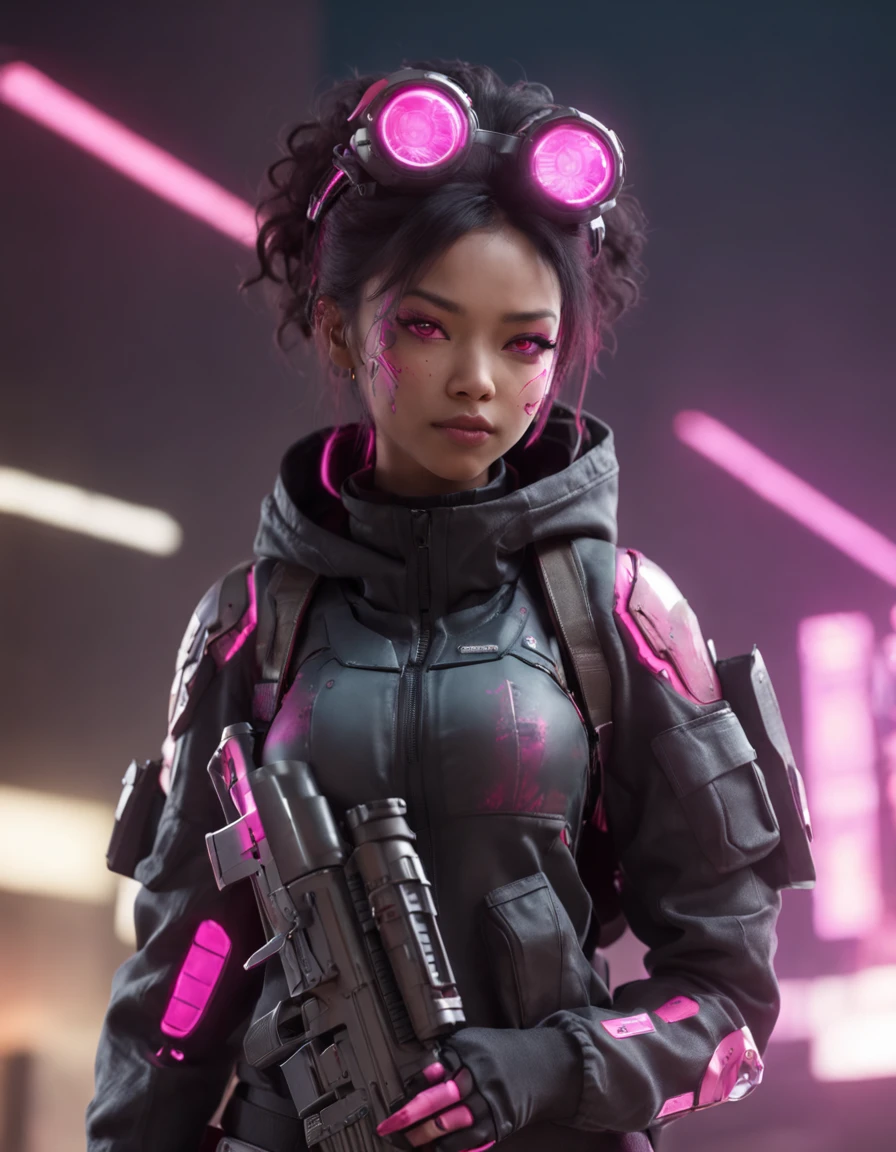 REALISTIC ANIME STYLE, JAPANESE ANIME, REAL ANIME, RAGE UNLEASHED, CRAZY SMILE, HAPPY, INSANE, afro asian cute woman cyborg soldier HEAVY CYBERNETIC ARMOR, NEON PINK SNIPER RIFFLE, SNIPER RIFLE glowing PINK eyes,BIG COOL CYBERNETIC HOODIE JACKET WITH NEON LIGHTS, cybernetic, cyberpunk SNIPER, on planet venus, wasteland, apocalypse, barren venus planet, cinematic, volume lighting,