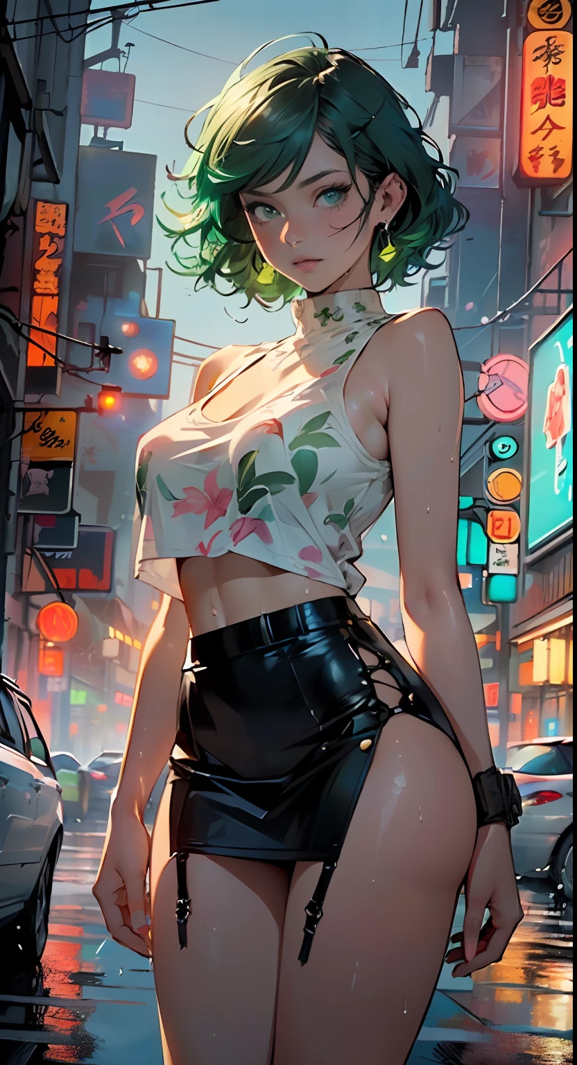 girl youtuber,(((1girl))),((extremely cute and beautiful green curly-haired anime girl)),
(short breasts:1.4),(((green curly hair:1.35,very curly hair,colored inner hair,ear breathing,short hair))),((green eyes:1.3,upturned eyes:1.3,perfect eyes,beautiful detailed eyes,rainbow glows ultra-detailed yellow green eyes:1.1,gradient eyes:1,finely detailed beautiful eyes:1,symmetrical eyes:1,big highlight on eyes:1.2)),((fat)),(((lustrous skin:1.5,bright skin: 1.5,skin tanned,shiny skin,very shiny skin,shiny body,plastic glitter skin,exaggerated shiny skin,illuminated skin,wet legs))),delicate detailed fingers,detailed body,human hands,(detailed face)),
cute,slutty,seductive,erotic,(((nsfw))),
zettai ryouiki,revealing clothing,show skin,((rave mini-skirt,visible thong straps,white loose tank top with an anime girl print)),((wet clothes,detailed outfit,detailed clothes)),
(dynamic pose:1.0),embarrassed,(centered,scale to fit dimensions,Rule of thirds),
((((cyberpunk city by the ocean,huge buildings,neon signs,puddles)))),stormy sky,threatening sky,dark clouds,((synthwave background theme,detailed background : 1.25)),((((night,nice lighting decorations,detailed architecture)))),
(best quality,high resolution,sharp focus,ultra detailed,extremely detailed,extremely high quality artwork,(realistic,photorealistic:1.37),8k_wallpaper,(extremely detailed CG 8k),(very fine 8K CG),((hyper super ultra detailed perfect piece)),flawless,(((masterpiece))),illustration,vibrant colors,(intricate),High contrast,Selective lighting,Double exposure,HDR (High Dynamic Range),Post-processing,Background blur,