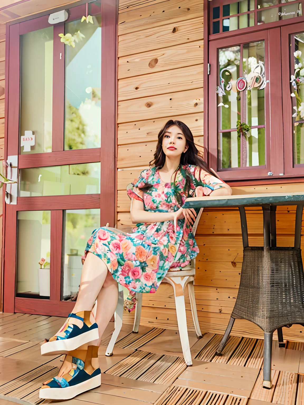 there is a woman sitting at a table on a porch, sitting with flowers, wearing in a summer dress, stood outside a wooden cabin, sitting on a table, at the terrace, sitting in the garden, with a cool pose, sitting in a lounge, sitting in the rose garden, dressed in a flower dress, sitting on the table, in front of the house