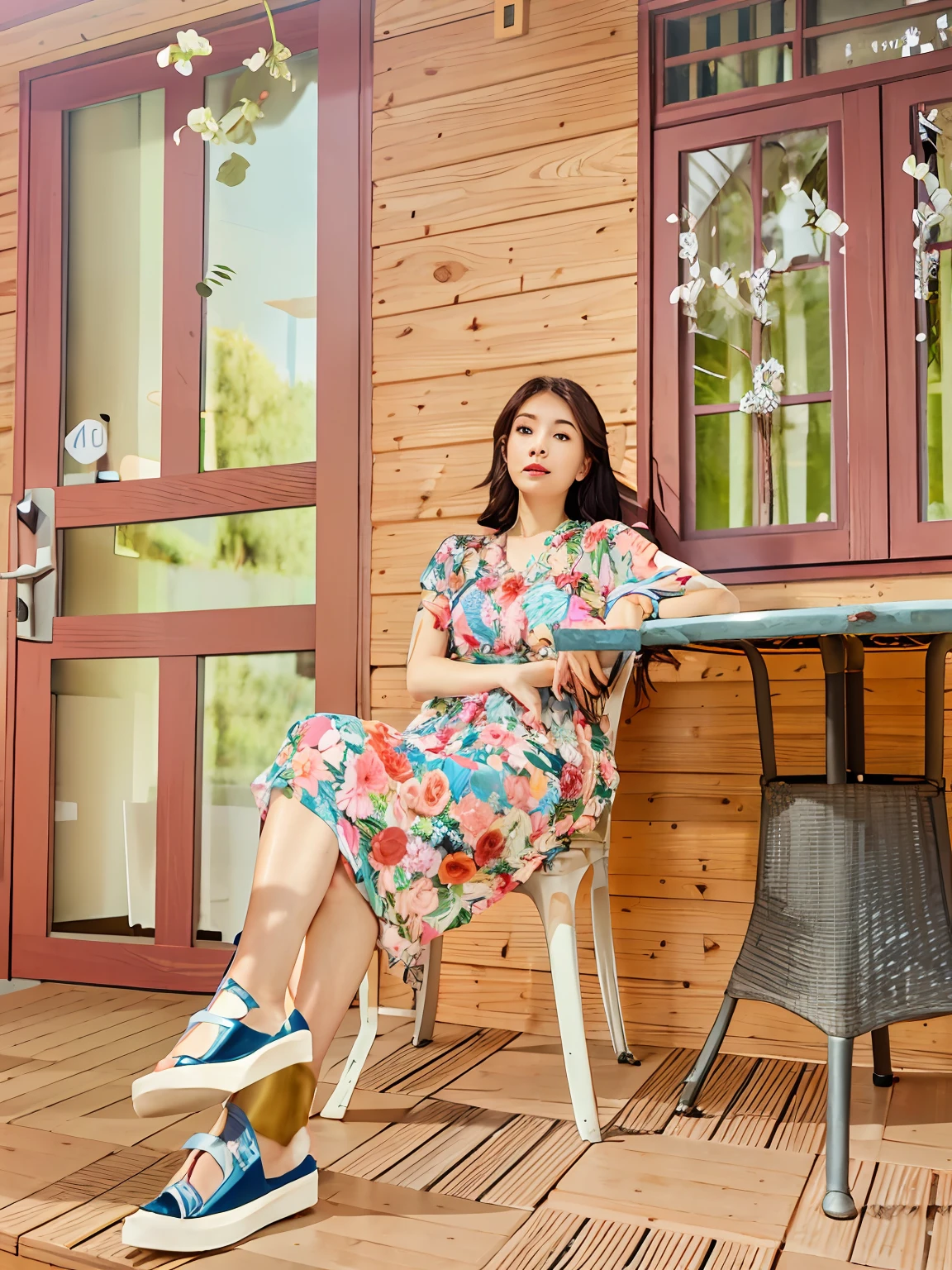 there is a woman sitting at a table on a porch, sitting with flowers, wearing in a summer dress, stood outside a wooden cabin, sitting on a table, at the terrace, sitting in the garden, with a cool pose, sitting in a lounge, sitting in the rose garden, dressed in a flower dress, sitting on the table, in front of the house