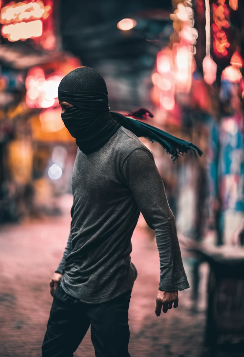 A ninja with a scarf on his face, cabelos a mostra, cabelo legal, Armadura preta, sombrio, , bloodthirsty